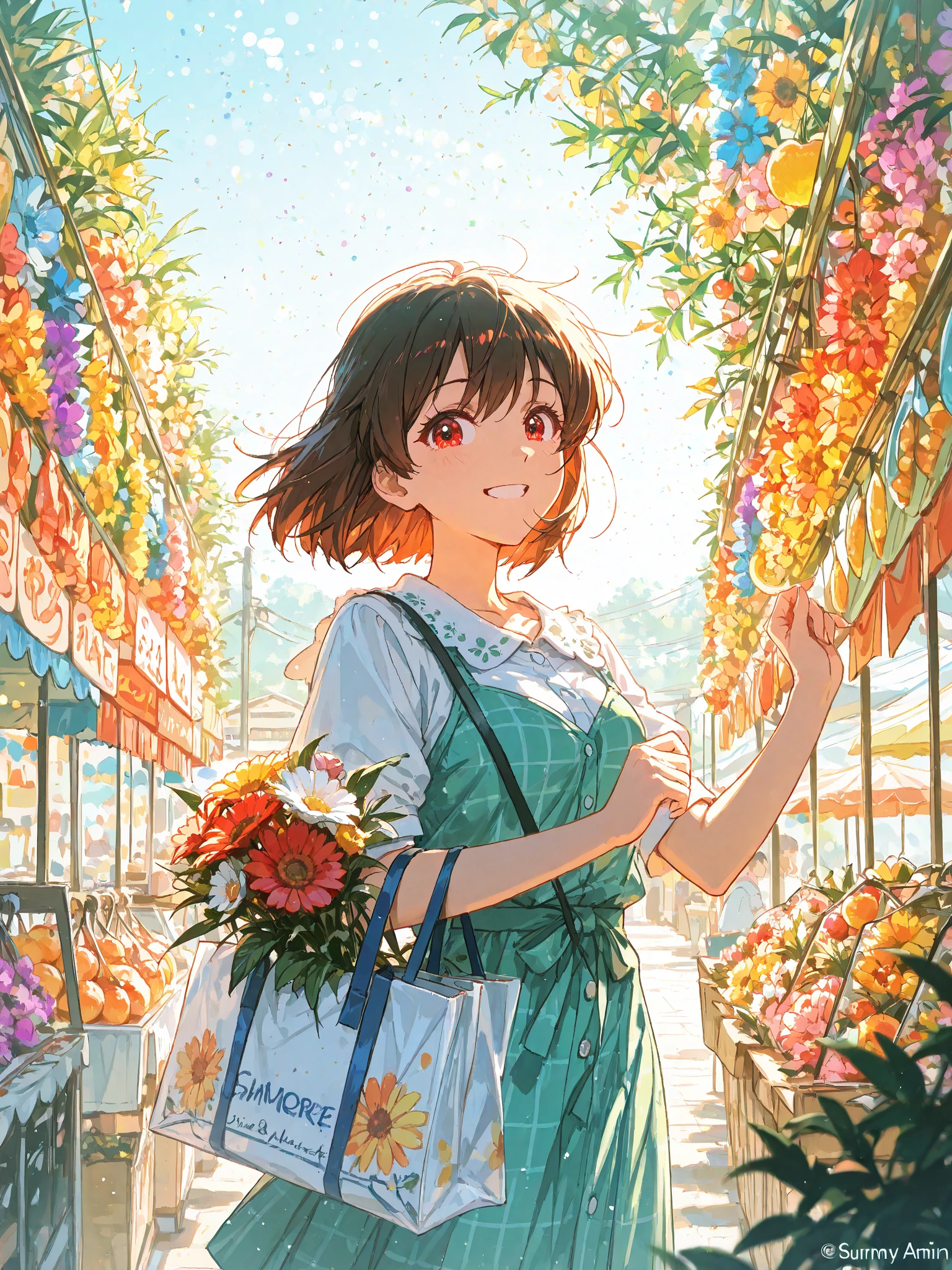 masutepiece, Best Quality, 1girl in, Podenko, flower pots, Little smile, multicolored background, flower, Dynamic Color,
