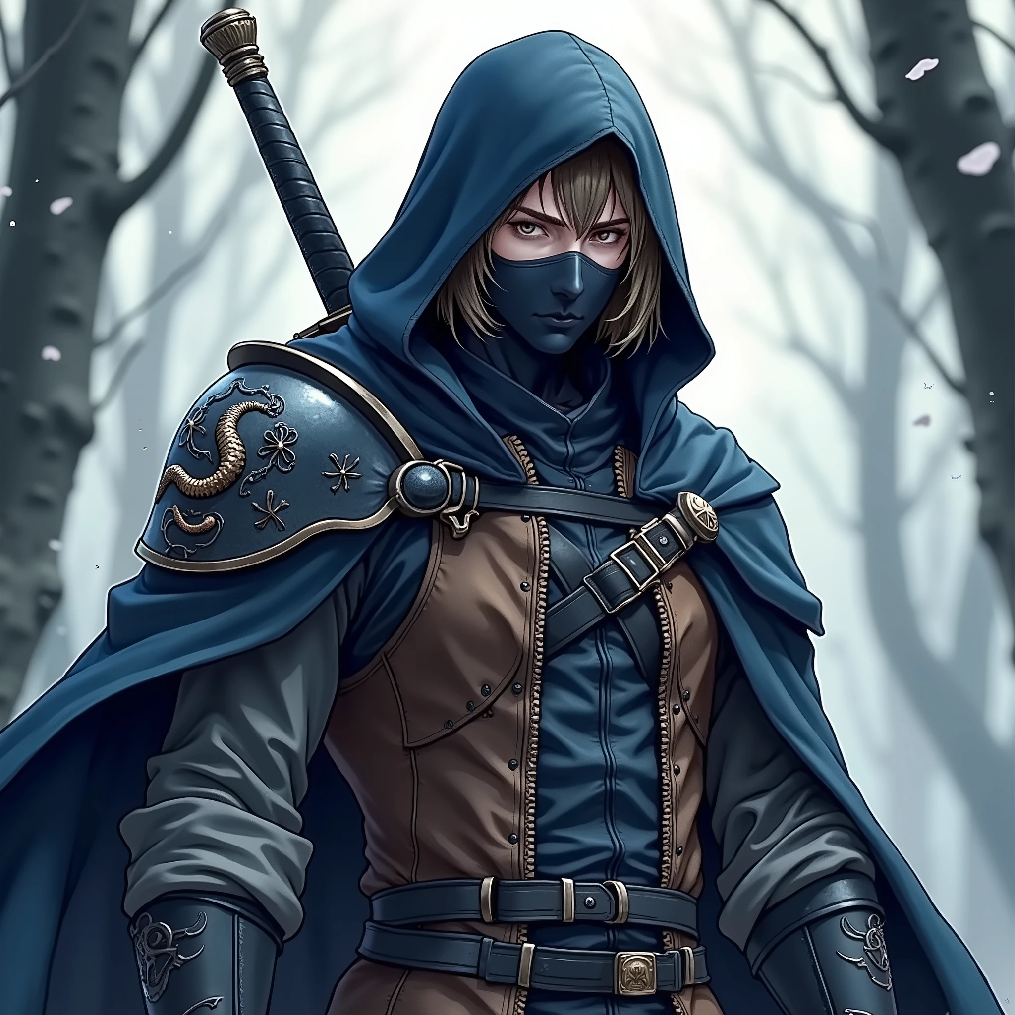 animation, Suetsu , male,Cool,Age 25,I'm holding it with a 、hooded cloak made of dark blue metal, his vest is made of durable leather, his shoulders are reinforced with a dark metal plate engraved with a dragon ornament, His left forearm is、is made of black metal with a glowing rune engraved on it, Medieval theme , His sword has、is a young man with a,In the woods,Daytime,,animation,wear the black mask as is,people,Brighten the background,A sword made of dark blue metal,sword made from the upper body,Highlight the person,