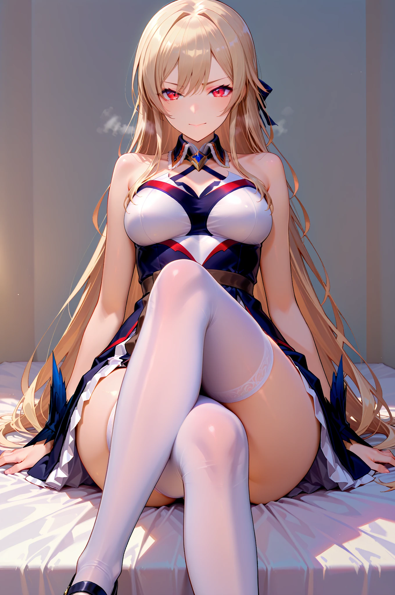 from below, high image, super detail, high resolution, anime, manga, illustration, super very beautiful woman, baby face, make up, ecstatic expression, amorous expression, seductive look, glossy flowing layered messy light brown wavy medium hair, sparkling big blue eyes, alluring moist red lips, large breasts, under boob, side boob, great proportion, perfect proportion, slender, full body, skirt lift, lace light blue panty, lace white long dress, white fluttering long skirt, black knee high socks, thighs, garter belt, lingerie,((cameltoe)),((nipple stand out)),((her pussy leak some creamy pussy juice))