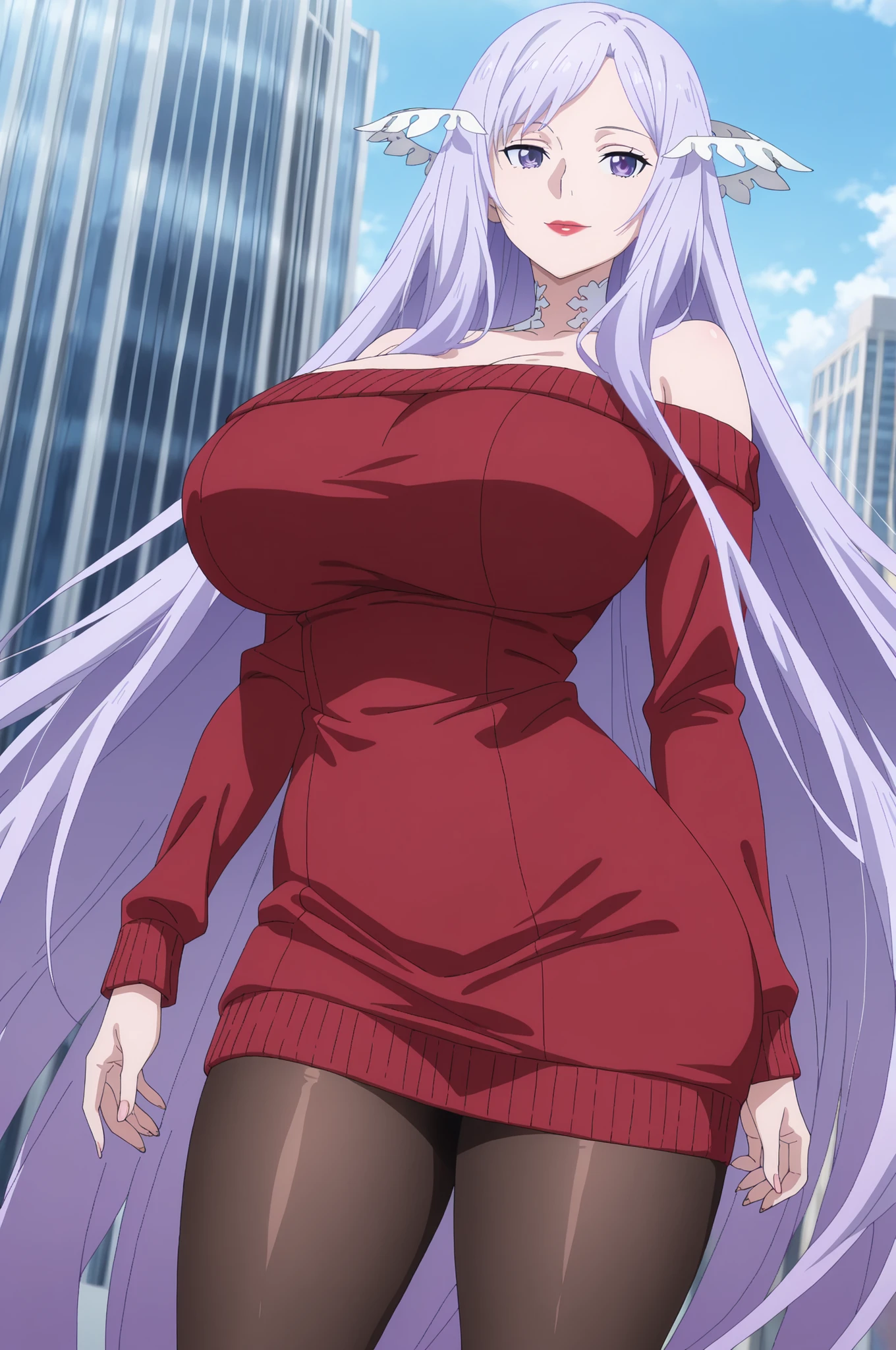 newest , masterpiece , anime screencap , anime coloring , quinella, 1girl, Mature Female, long hair, light purple hair, purple eyes, huge breast, huge butt, ((off shoulder , off-shoulder dress , off-shoulder sweater , pantyhose , red sweater , sweater , sweater dress , thighs,)), smile, lips, Red lipstick, view detailed body, (((Sexy,))), city,