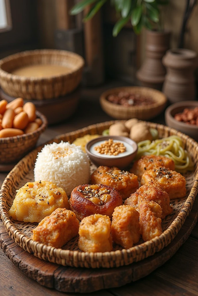 Meja atasnya ada dua piring ayam goreng dan nasi