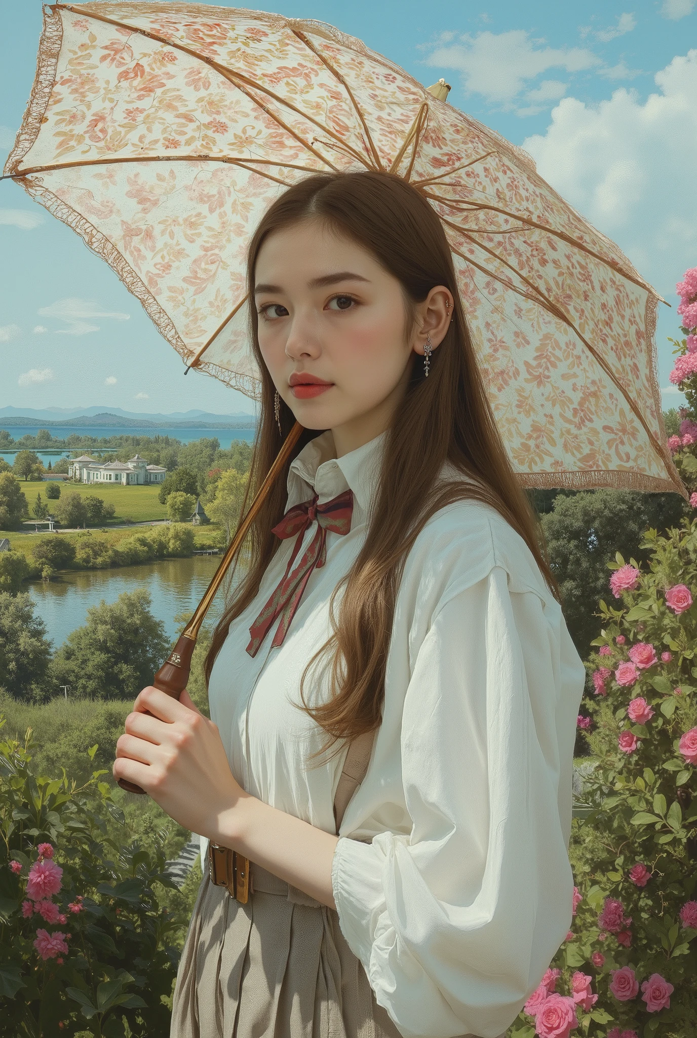 (best quality, 4k, highres, masterpiece:1.2) , ultra-detailed, (realistic, photorealistic:1.37), A photorealistic portrait of an elegant young woman standing, She is having a Sun Umbrella for Women, Claude Monet Scenery Excellent Quality、4K resolution、super definition、Realistic、PROFESSIONAL、Dynamic Range HDR、vibrant colors、bokeh、Impressionist style、oil、beautiful light、elegant atmosphere、Natural elements、In the sunshine、marine scenery、delicate texture、Elegant posture, 19rth century, she is taking a walk, hyper detailed moist skinn texture,