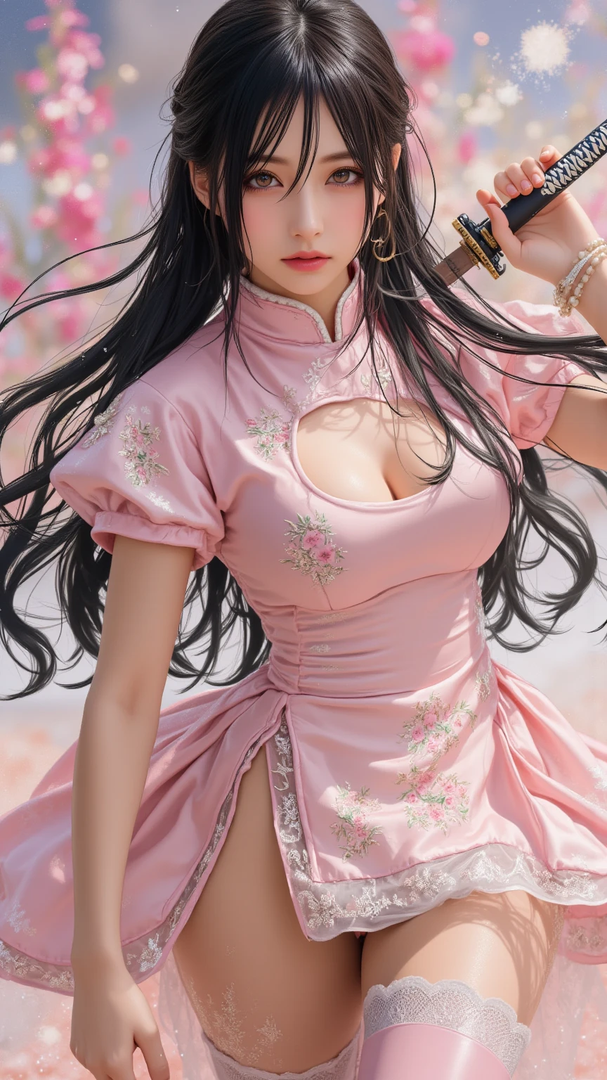 Medium round breasts, (1 mature woman, 25 years old), ((light black hair: 5.1, long messy style, bangs)), brown eyes, double eyelids, light effect on eyes, wide hips and wide waist, blouse skirt with lace print, with beautiful thin belt, beautiful red + blue skirt dress with puff sleeves, neckline, puffy dress, cute smile, pink lips, ((beautiful adult woman)), solo, best quality, masterpiece, portrait, flirting with the viewer, sensual pose, detailed, perfect anatomy, detailed art, high definition, 4k, high resolution, cute sensual pose, on the street, sitting on the bench, full moon, it's night