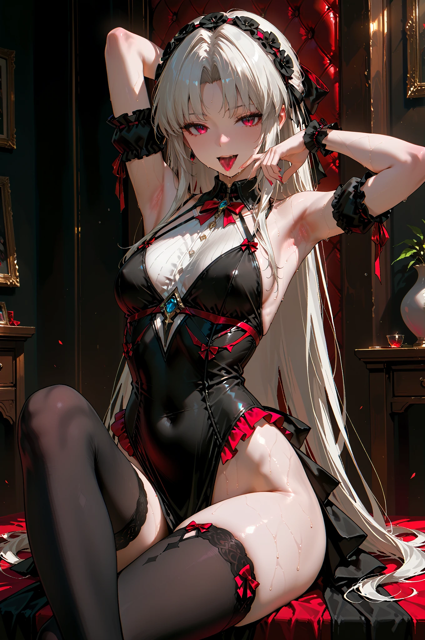 prostitute, brown skin, tight miniskirt, white hair with curlers, gothic eyes, red heels, gothic makeup, bloodstained clothes, wedding dress