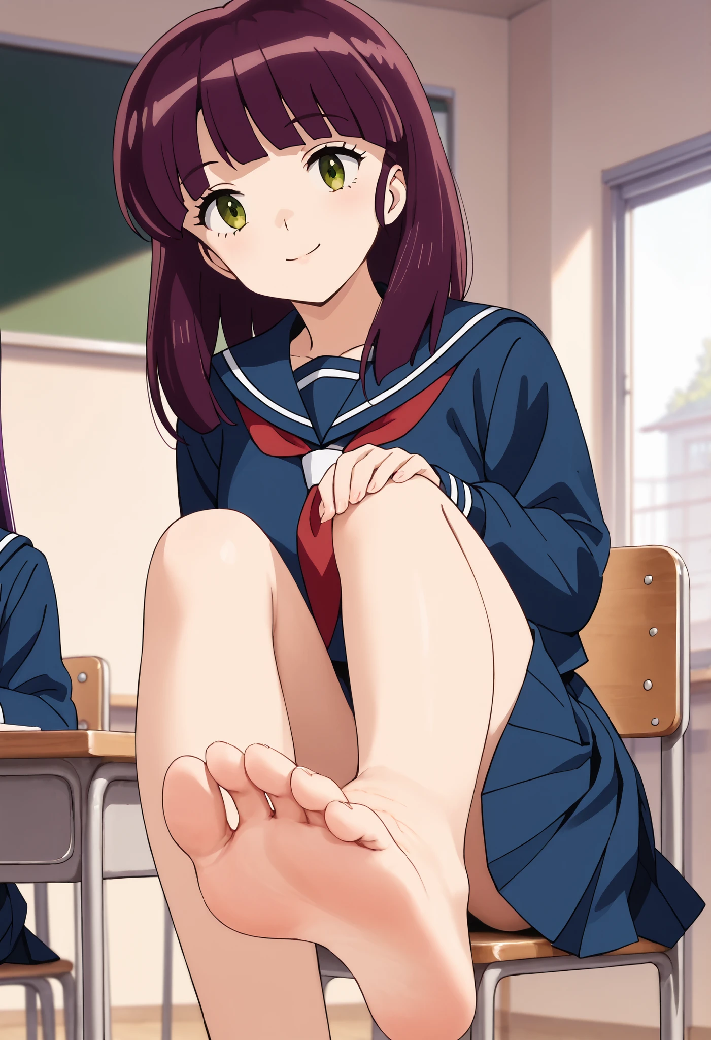 masterpiece, best quality, high resolution, absurdres, highres, amazing quality, very aesthetic, ultra detailed, perfect details, huge filesize, oldest BREAK 1girl, sitting, chair, table, sitting at the chair, <lora:shinobu-miyake-ponyxl-lora-nochekaiser:1> , shinobu miyake , long hair , bangs , purple hair , green eyes , shirt , long sleeves , school uniform , serafuku , sailor collar , neckerchief , red neckerchief , shirt , blue shirt , blue sailor collar , blue skirt , indoors , classroom , smile, foot focus, barefoot, foot, toes, soles, foot wrinkles, highly detailed soles, each foot has exactly five toes, showing her soles to the viewer, foot on the top of the table