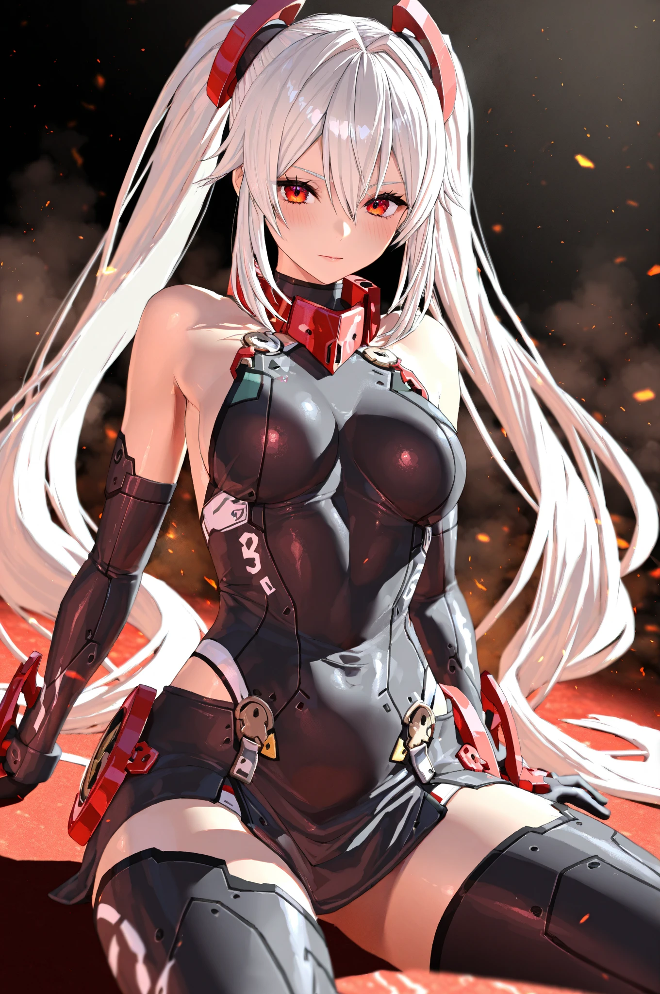 Silver long hair、Red eyes、woman、美しいwoman、Large Breasts、White Machine Skin、The whole body of the machine、Mechanical joint、The machine's body is entirely red and white.、sword、A revealing red and white Chinese dress、A Chinese dress that shows off her cleavage、chinese style background、indoor、During sexual intercourse、On the bed、??????、Ahegao