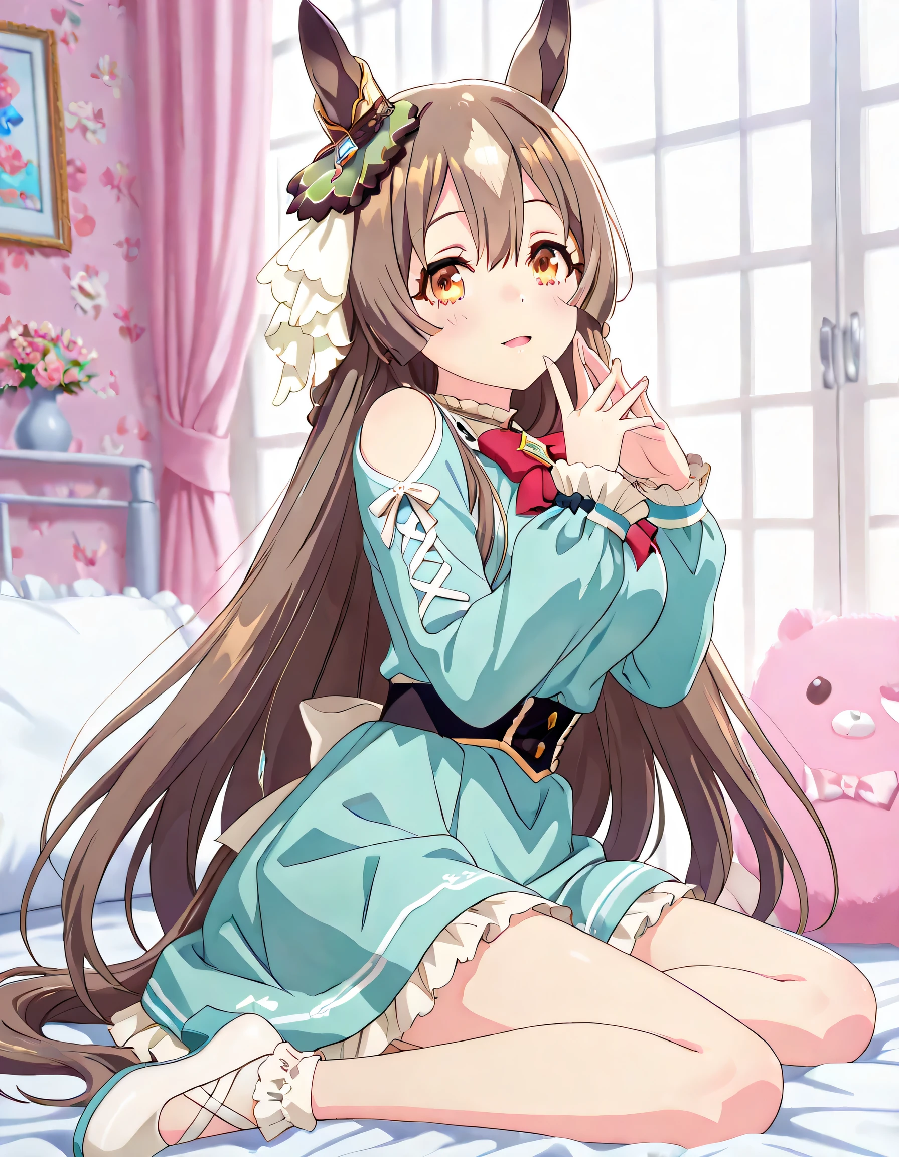 ((ultra-detailed)), (highly detailed CG illustration), (best quality:1.2), ultra-highly detailed, colorful composition, artistic photoshoot, 1girl, solo focus, upper body:1.3, moe anime character,round face, rounded chin:1.2, short stature, satono diamond \(umamusume\), ample breasts, A soft green knit dress with a pose where you put your fingers on your lips and lightly touch your lips with one hand. There are ribbed details and pearl button decorations on the chest, and a large red ribbon at the waist. The skirt is flared, and the hem has wavy ruffles and small pearl decorations, A cute and fashionable outfit that combines Lolita fashion and girly style with a high neck and a shoulder design, The concrete wall where the light shines softly creates an elegant and neat atmosphere, subtle sheen, full body view, intricate design, graceful posture, poised expression, delicate curls, soft shading, harmonious color palette, ethereal ambiance, sitting, pink lips, gentle smile:1.2, blush:1.2, from side, dynamic pose, contrapposto pose,kawaii background, best quality, masterpiece, portrait, depth of field, soft lighting, sidelighting, shine, lighting, caustics, ray tracing, perfect face, lustrous skin, highly detailed face, highly detailed eyes, perfect face, perfect nose, perfect hair, perfect eyes, perfect anatomy, beautiful hair, beautiful small face, extremely detailed face, beautiful detailed eyes, beautiful clavicle, beautiful body, beautiful ample breasts, leavage, breasts squeezed together, equalize the size of the left and right breasts, beautiful thin thighs, beautiful legs, beautiful fingers, 4 fingers, 1 thumb, lovely, (very detailed background:1.0), (highly detailed background:1.0), kawaii aesthetic, intricate details, girly atmosphere, pastel colors palette, chromatic aberration