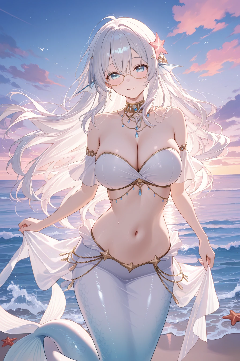 fullnude、1girl in, White hair, blue eyess, a navel, Look at viewers, put hands on the hip, (white shirt:1.2), Braids, Very long hair, Wide waist,
huge-breasted、Full big\(BodyProportions\),