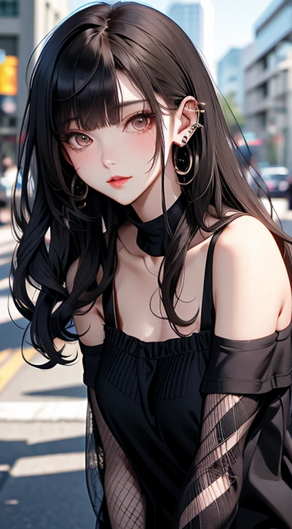 masterpiece, best quality, PIXIV, cool girl, lots of piercings, earrings, dark brown hair, curly hair, blunt bangs, straight bangs, gray eyes, pale skin, gal, gyaru
