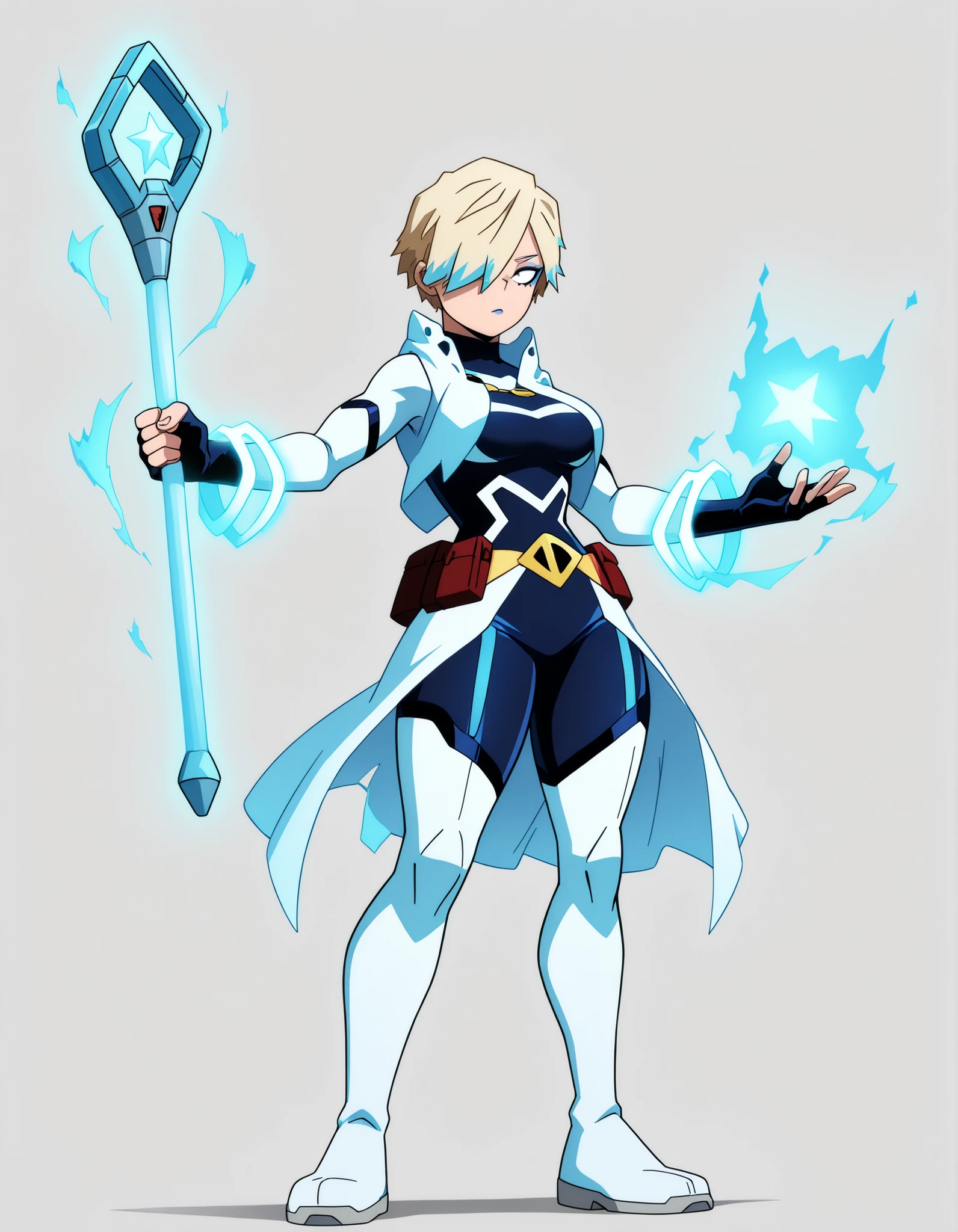 ((Highest Quality)), ((Simple Light Grey Background)), (My Hero Academia Style), standing, 1Girl, female, Breast, thighs, hips, thick shins, solo, Athletic body, (Superheroine), Magical Superheroine, Magical heroine, standing, Superheroine bodysuit, (Tactical Surface fighter), (Without Pupils), ((Full Body)), Very short hair, long bangs, (Two-toned hair),bangs over one eye, eye visible through hair, blonde hair, Blonde hair with light blue tips, (light blue hair tips), Light blue lipstick, Long white open tunic with Long loose sleeves, long white tunic with Long loose sleeves, open white tunic with Long loose sleeves, long open tunic with Long loose sleeves, Long black elbow fingerless gloves, black elbow fingerless gloves, long black elbow gloves, black fingerless gloves, black gloves, Sky blue tight fullbody bodysuit, tight fullbody bodysuit, sky blue fullbody bodysuit, fullbody bodysuit, tight bodysuit, White thigh-high boots, thigh-high boots, white boots, Holding simple white magic staff, simple white magic staff, white magic staff, simple magic staff, Sky blue magic, sky blue magic effects, magic effects, magic, sky blue effects, sky blue magic aura, magic aura, sky blue aura, Light blue eyeshadow, eyeshadow,