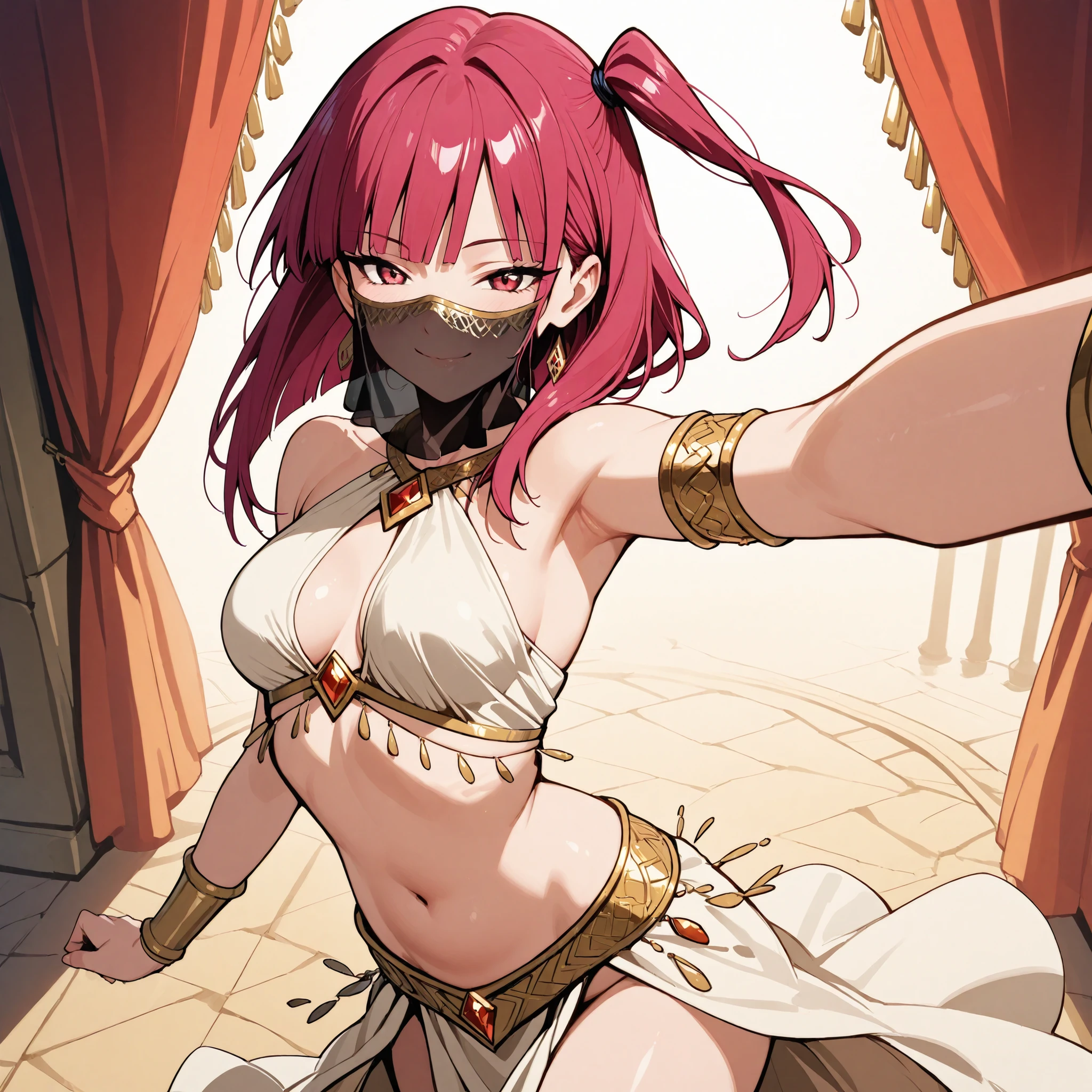(1girl:1 . 5) , (Seul:1 . 5) , score_9 , score_8_haut , score_7_haut , source_anime , Official work , ultra-detailed , masterpiece , best quality selfie snapshot , high res , beaux yeux , detailed eyes , detailed face , beautiful detailed eyes ,Magi The Labyrinth O Magic,Morgiana,Arabian Clothes , Arabian Dancer ,belly dancer costume ,mouth veil, golden jewelery,armlet, belly dancing,arabian theater, seductive smile, dancing with veil, dynamic movement, seductive pose,sexy pose