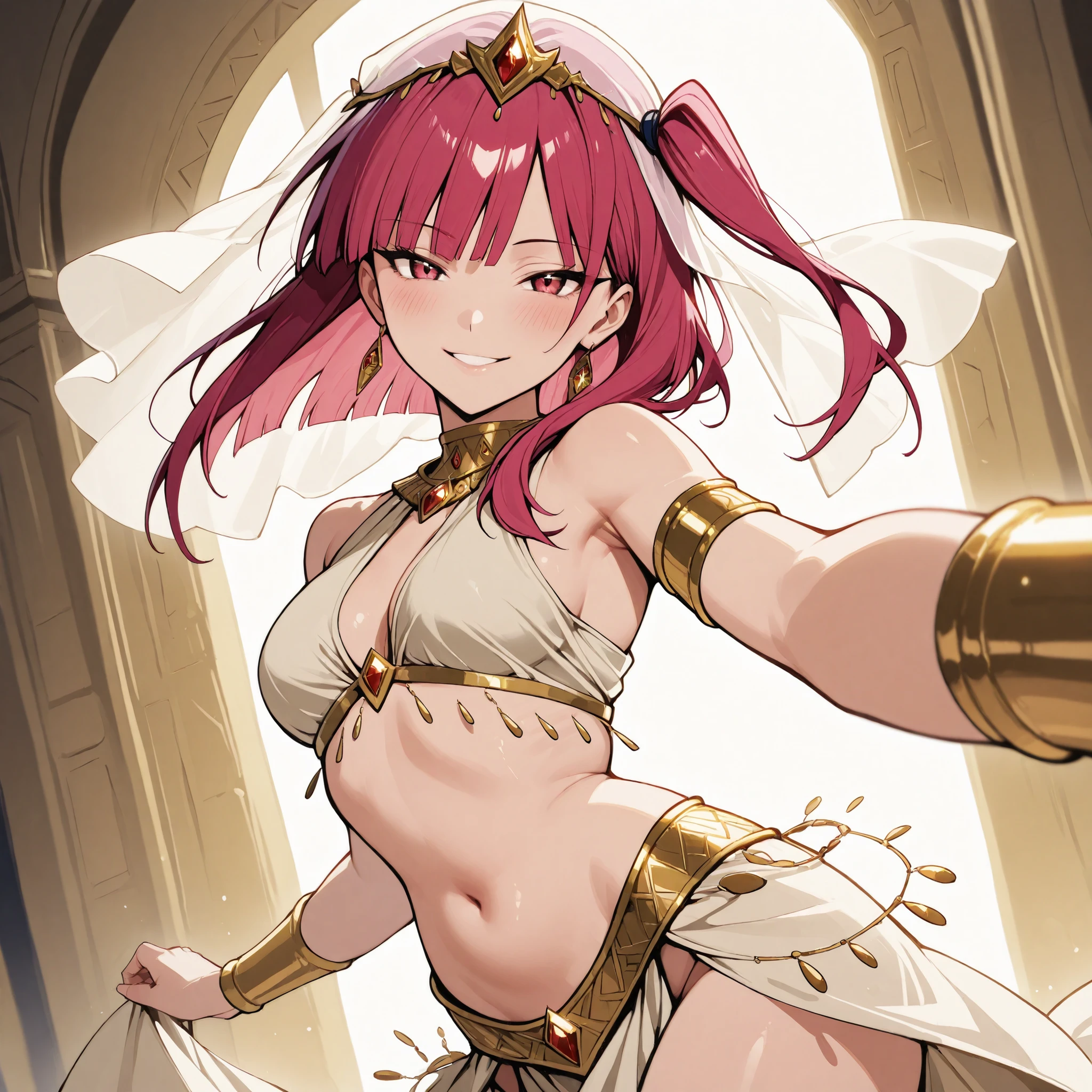 (1girl:1 . 5) , (Seul:1 . 5) , score_9 , score_8_haut , score_7_haut , source_anime , Official work , ultra-detailed , masterpiece , best quality selfie snapshot , high res , beaux yeux , detailed eyes , detailed face , beautiful detailed eyes ,Magi The Labyrinth Of Magic,Morgiana,Arabian Clothes , Arabian Dancer ,belly dancer costume , golden jewelery,armlet, belly dancing,arabian theater, seductive smile, dancing with veil, dynamic movement, seductive pose,sexy pose