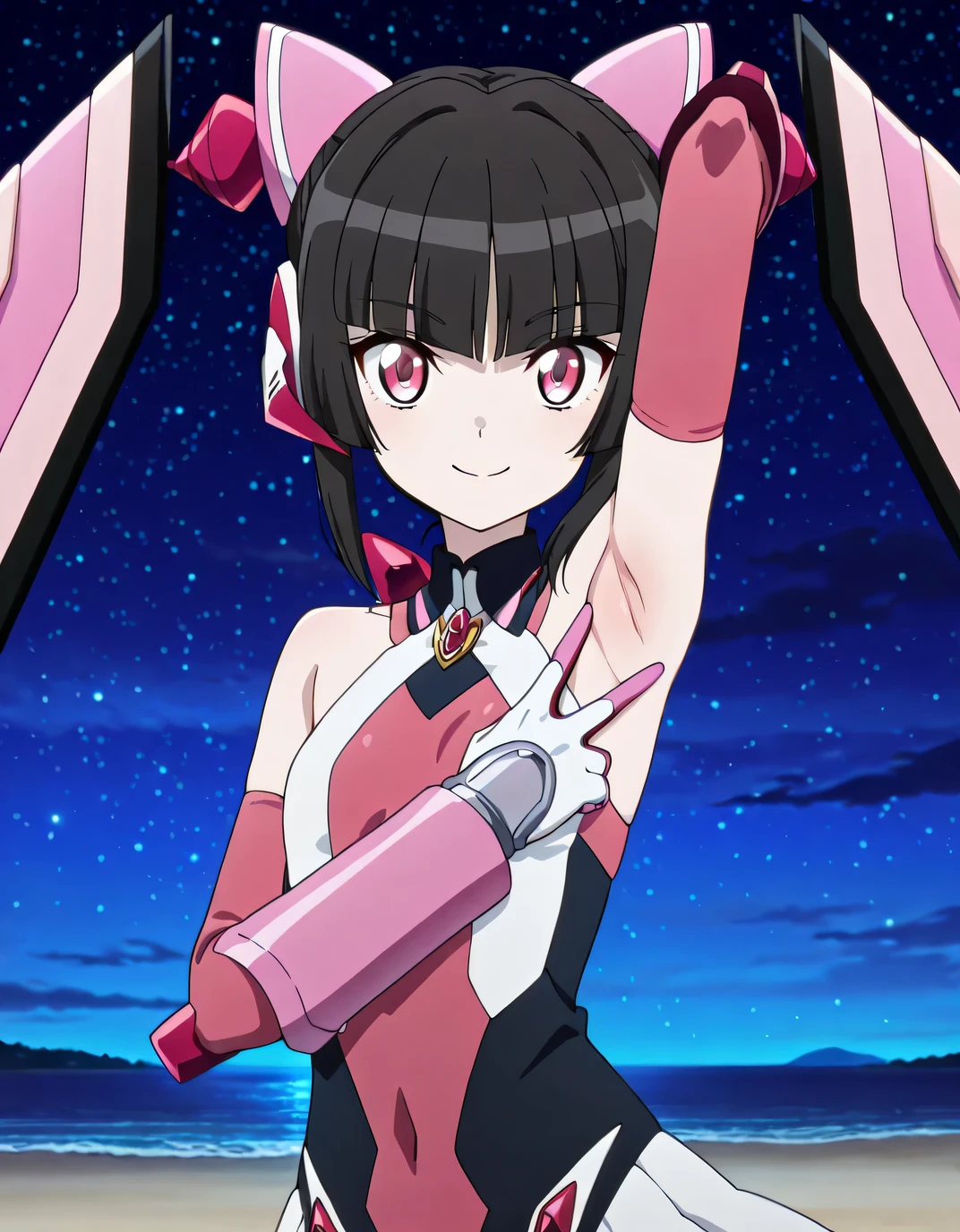 shirabegx, 1girl, solo, pink eyes, black hair, small breast, bare shoulders, blunt bangs, twintails, headgear, gauntlets, anime screencap, high quality, solo, upper body, (contrapposto), <lora:spread-armpit-illustriousxl-lora-nochekaiser:1>, spread armpit, armpits, armpit focus, v, closed mouth, night sky, beach, looking at viewer, smile, best quality