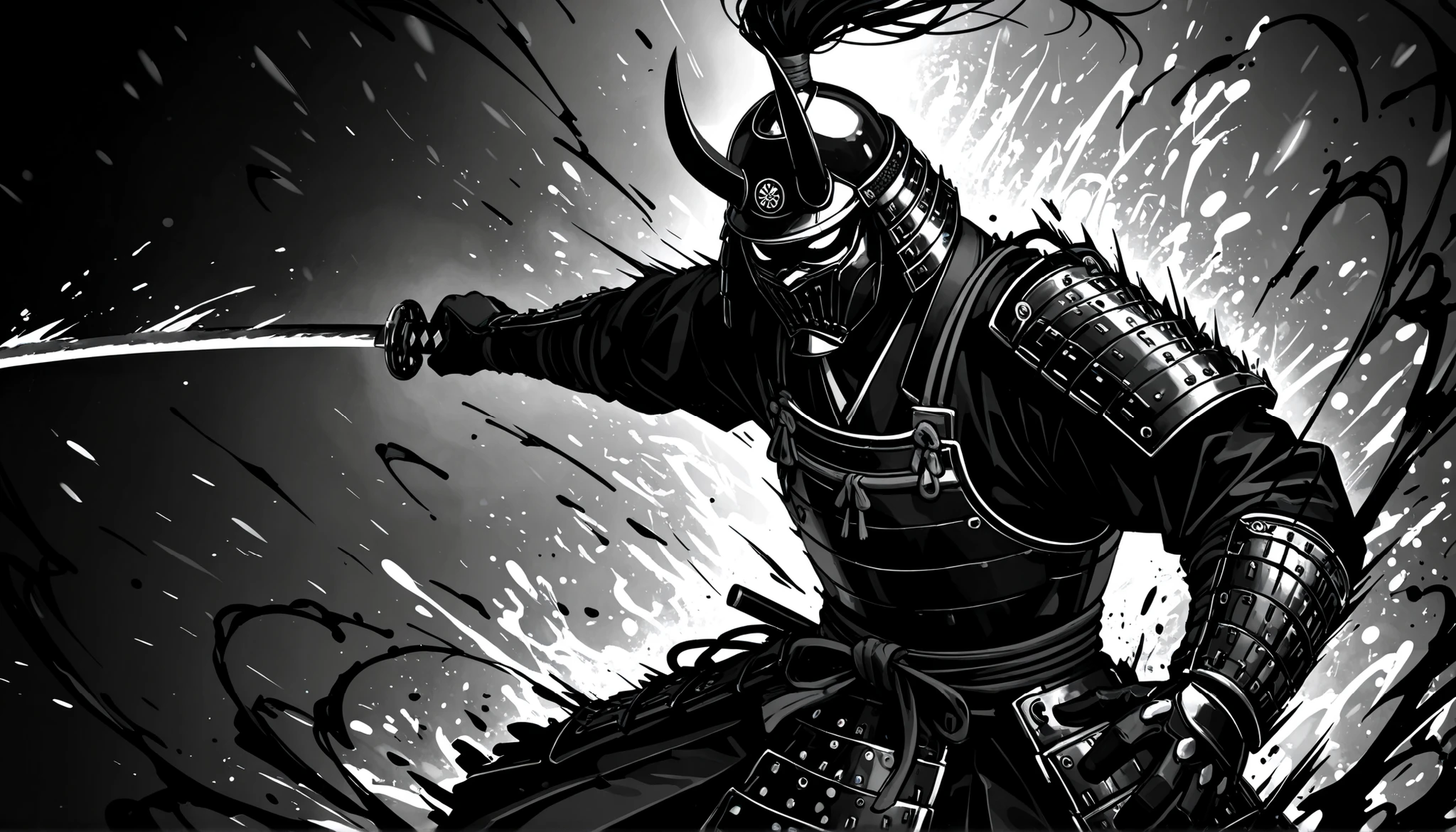 Sumi-e style monochrome illustration of a lone samurai wearing stylish, ornate Japanese armor, captured in an extreme close-up dynamic shot while raising a katana in a powerful strike, bold expressive ink brush strokes, high contrast black and white tones, dramatic splashes of ink flying outward, cinematic and viral composition, intense motion blur to emphasize action, dramatic lighting for maximum impact, minimalist background to focus on the subject, designed for a viral EDM music cover thumbnail, modern and traditional fusion, ultra-detailed, high resolution, 16:9 aspect ratio