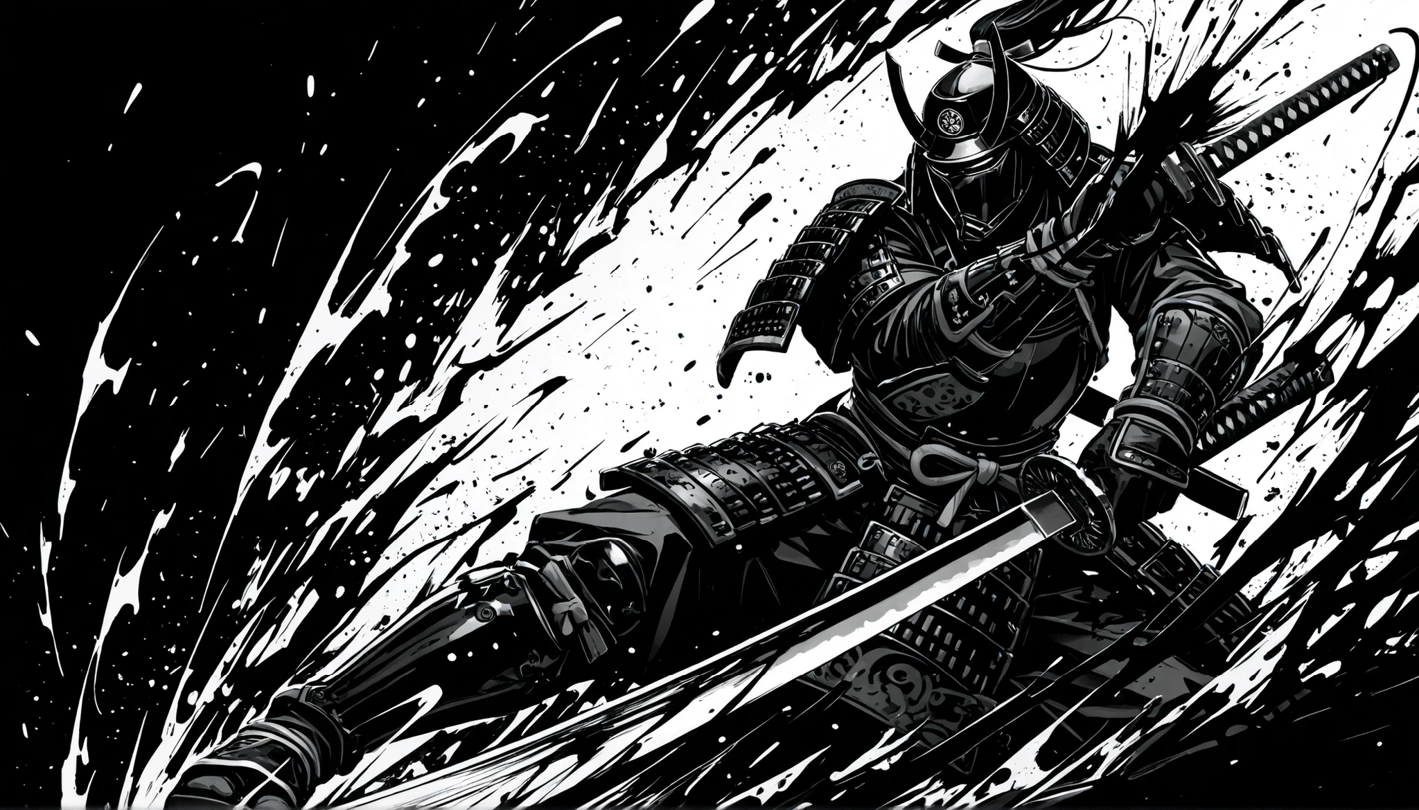 Sumi-e style monochrome illustration of a lone samurai wearing stylish, ornate Japanese armor, captured in an extreme close-up dynamic shot while raising a katana in a powerful strike, bold expressive ink brush strokes, high contrast black and white tones, dramatic splashes of ink flying outward, cinematic and viral composition, intense motion blur to emphasize action, dramatic lighting for maximum impact, minimalist background to focus on the subject, designed for a viral EDM music cover thumbnail, modern and traditional fusion, ultra-detailed, high resolution, 16:9 aspect ratio