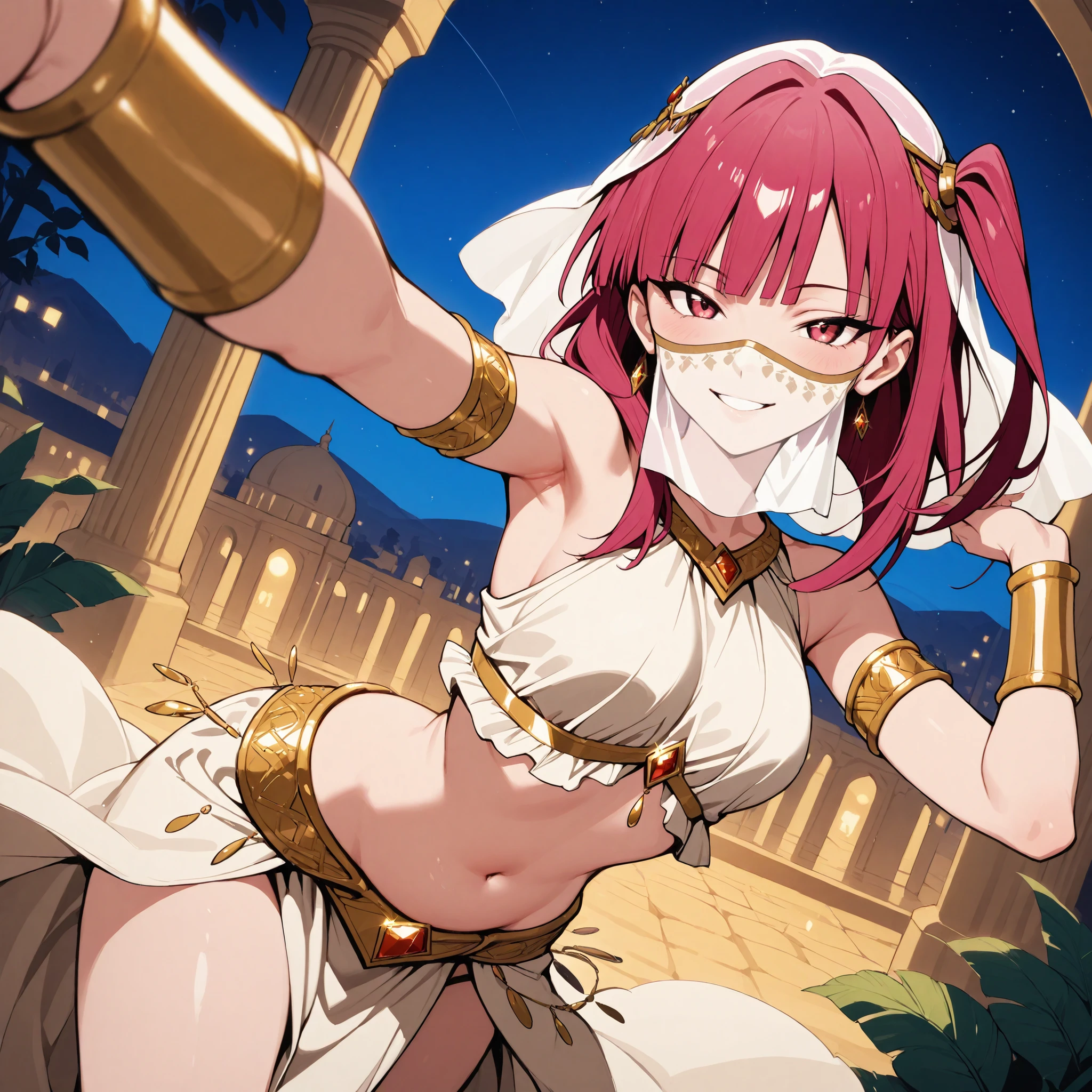 (1girl:1 . 5) , (Seul:1 . 5) , score_9 , score_8_haut , score_7_haut , source_anime , Official work , ultra-detailed , masterpiece , best quality selfie snapshot , high res , beaux yeux , detailed eyes , detailed face , beautiful detailed eyes ,Magi The Labyrinth Of Magic,Morgiana,Arabian Clothes , Arabian Dancer ,belly dancer costume ,mouth veil, golden jewelery,armlet, belly dancing,night,arabian garden, seductive smile, dancing with veil, dynamic movement, seductive pose,sexy pose