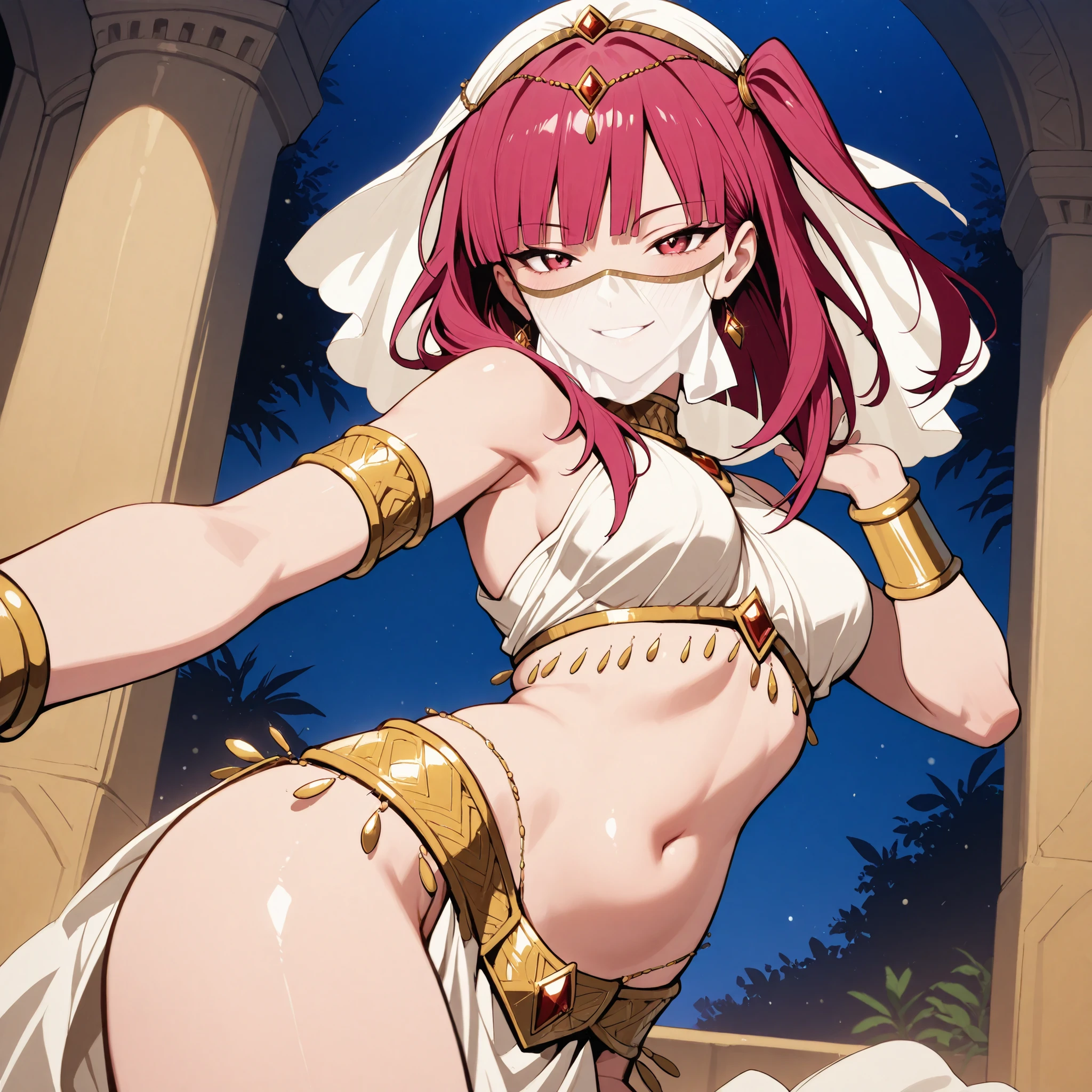 (1girl:1 . 5) , (Seul:1 . 5) , score_9 , score_8_haut , score_7_haut , source_anime , Official work , ultra-detailed , masterpiece , best quality selfie snapshot , high res , beaux yeux , detailed eyes , detailed face , beautiful detailed eyes ,Magi The Labyrinth Of Magic,Morgiana,Arabian Clothes , Arabian Dancer ,belly dancer costume ,mouth veil, golden jewelery,armlet, belly dancing,night,arabian garden, seductive smile, dancing with veil, dynamic movement, seductive pose,sexy pose