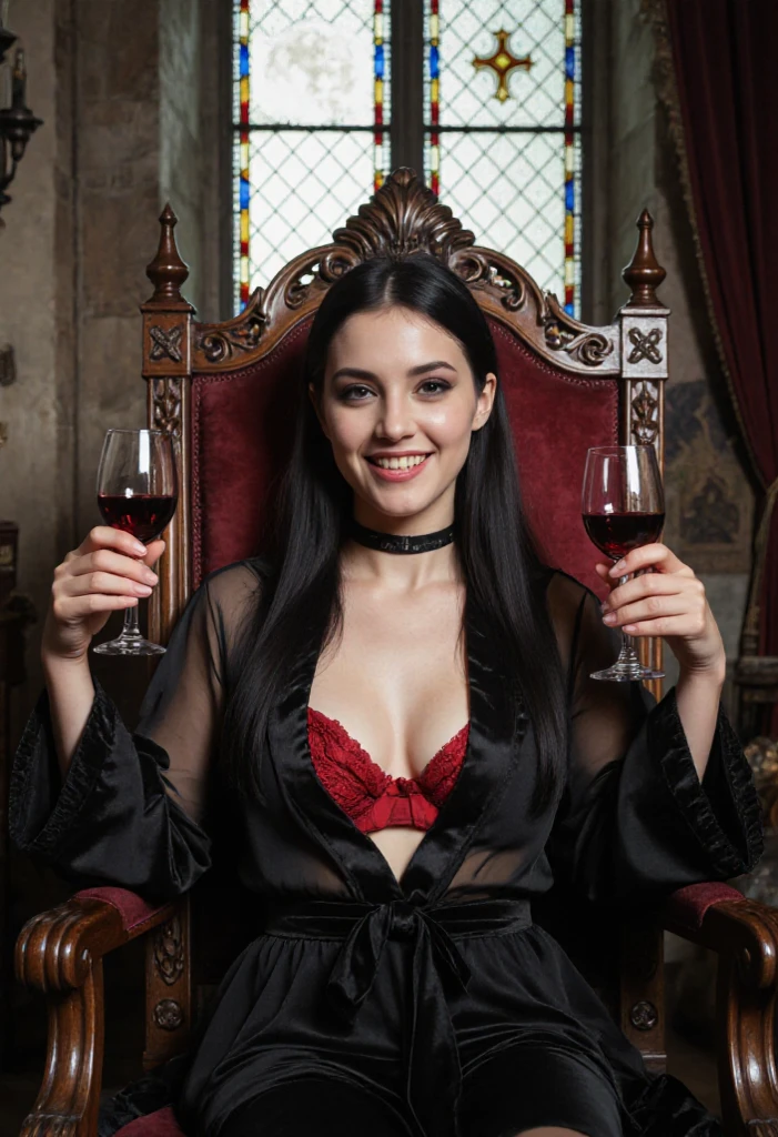 realistic photograph of the vampire queen, (fangs), pale skin, blood dripping from the mouth, holding a wine glass with blood, (baroque clothes), black hair, in a castle with torches on the wall, (raw,score_8_up),photo, raw,realistic