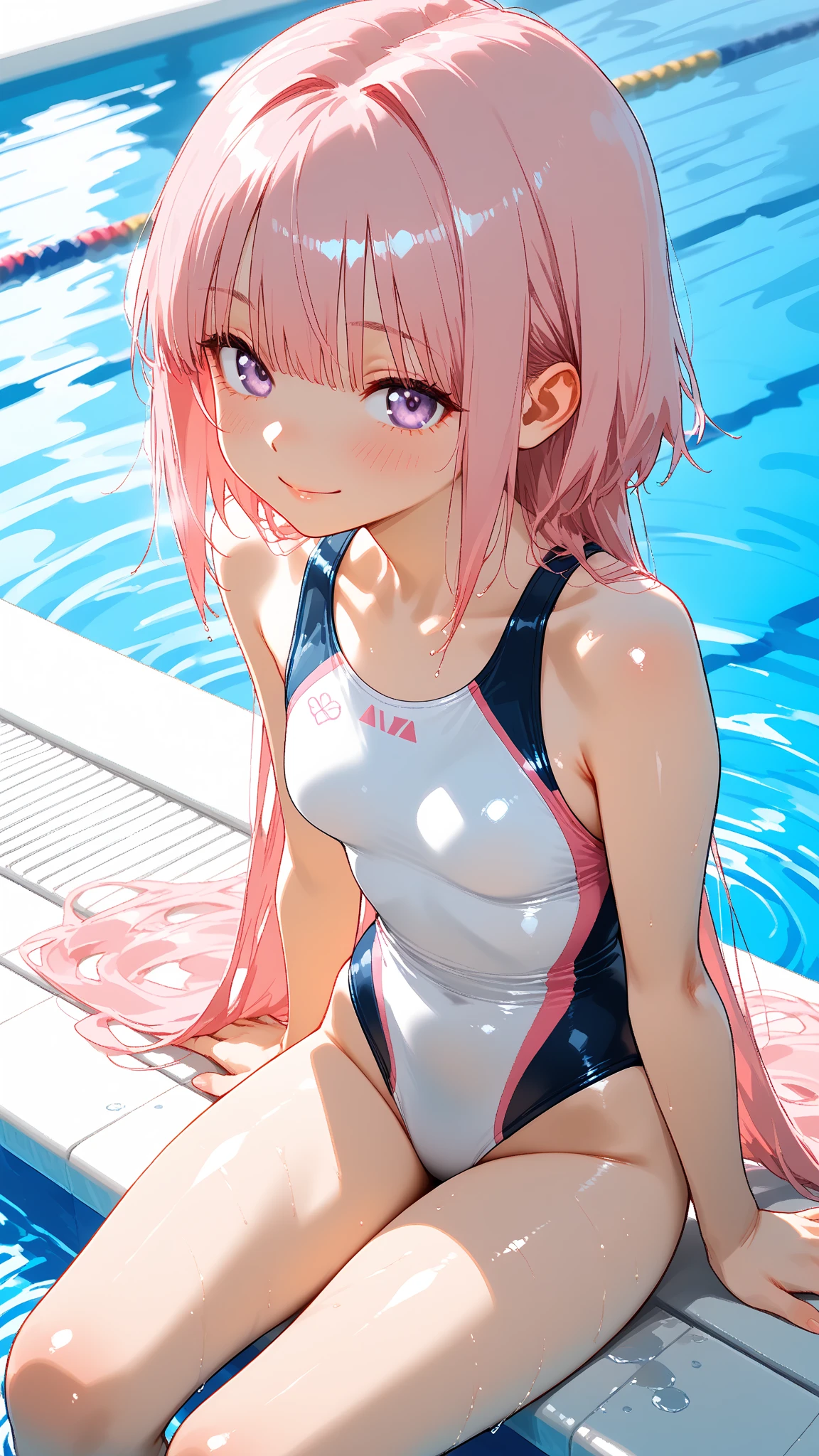Pink Hair、ピンク目girl、Small breasts、Hair Bun、girl、Small breasts、Lolita、Bright smile、Looks about 15 years old、Petan Musume、short、目のhighlight、Sexy thighs、Wear a school swimsuit、Pool、Show me your armpits、Your eyes are so beautiful、highlight