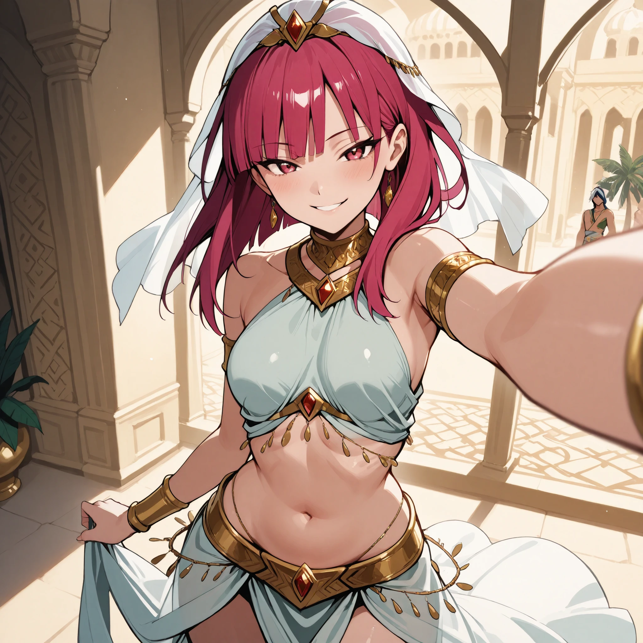 (1girl:1 . 5) , (Seul:1 . 5) , score_9 , score_8_haut , score_7_haut , source_anime , Official work , ultra-detailed , masterpiece , best quality selfie snapshot , high res , beaux yeux , detailed eyes , detailed face , beautiful detailed eyes ,Magi The Labyrinth Of Magic,Morgiana,Arabian Clothes , Arabian Dancer ,belly dancer costume , golden jewelery,armlet, belly dancing,arabian garden, seductive smile, dancing with veil, dynamic movement, seductive pose,sexy pose