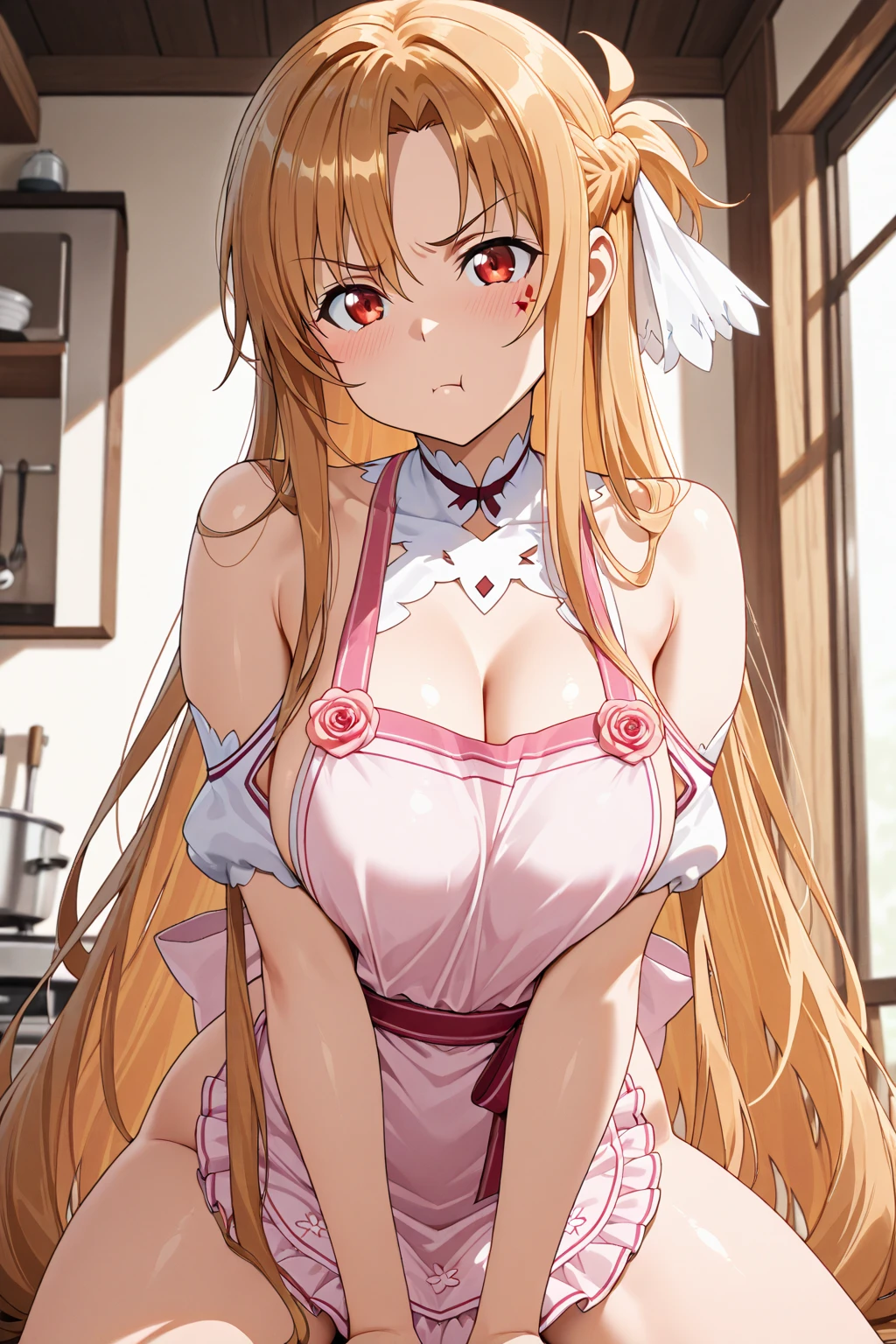 (masterpiece:1.2),(Shiny skin:1.1), Full Body, anime, (anime style:1.5),sexy pose, kitchen background, Heart shaped pupils in eyes, seducive smile (The body is slim:1.1), (Beautiful blonde long hair:1.2), (Huge breasts:1.5), Floating Hair, (bangs), (white apron only), (Cleavage), ( Earrings), (cowboy shot), Blushing, horny, close to male viewer
