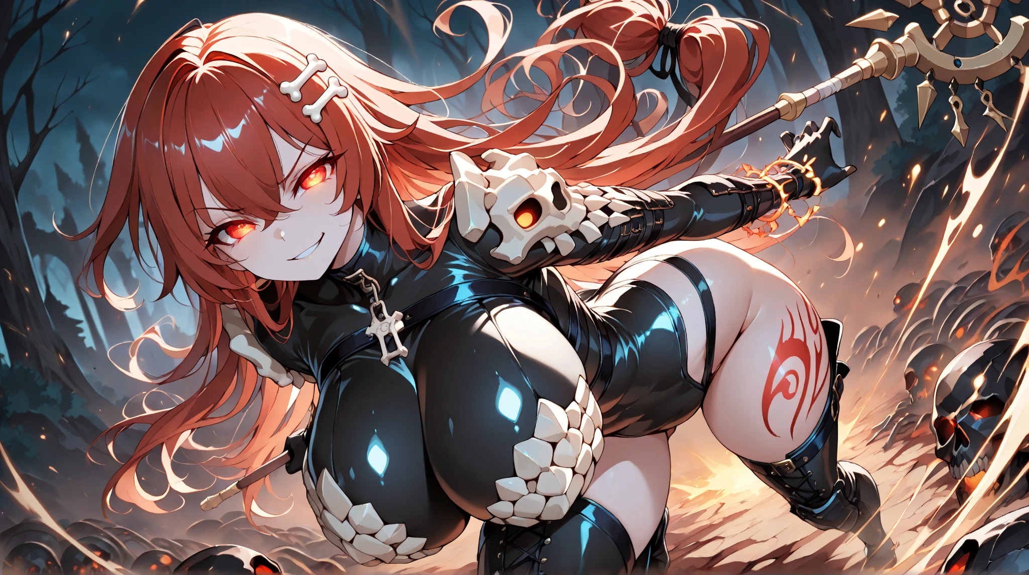 ((1 cyborg woman, bionic arms, with a demon mask)),((giant breasts, naked breasts, naked pussy, erect breasts, holding breasts, hand on pussy)),((black hair, 1 red eye)) ,((stopping in a haunted forest, at night)),