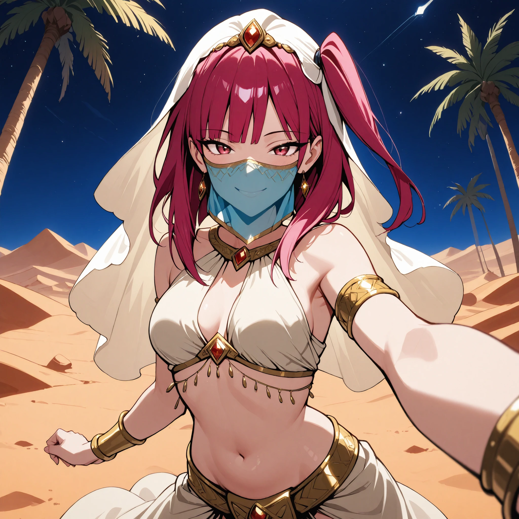 (1girl:1 . 5) , (Seul:1 . 5) , score_9 , score_8_haut , score_7_haut , source_anime , Official work , ultra-detailed , masterpiece , best quality selfie snapshot , high res , beaux yeux , detailed eyes , detailed face , beautiful detailed eyes ,Magi The Labyrinth Of Magic,Morgiana,Arabian Clothes , Arabian Dancer ,belly dancer costume ,mouth veil, golden jewelery,armlet, belly dancing,night,desert lands,palm tree, seductive smile, dancing with veil, dynamic movement, seductive pose,sexy pose