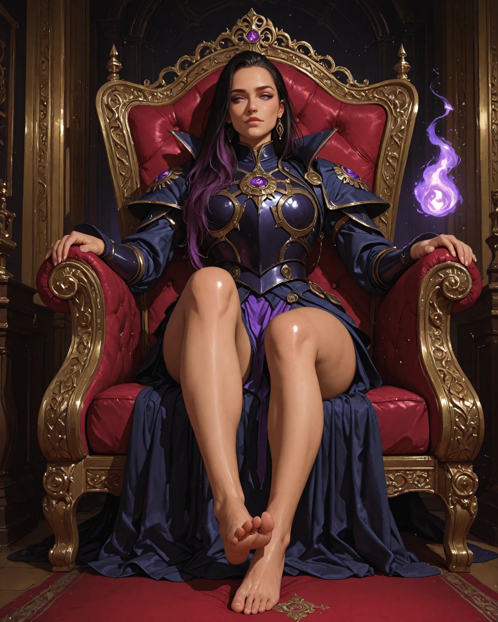 masterpiece, high quality, ultra-detailed, Reyna from Valorant, seated on ornate throne, bare feet resting on royal cushion, detailed foot anatomy, arched soles, relaxed toes, purple and gold color scheme, royal posture, empress aesthetic, dramatic low-angle composition focusing upward, volumetric lighting highlighting feet and throne, ornate Mexican-inspired decorative elements, glowing purple eyes, dark flowing hair, battle suit with royal accents, intricate throne details, dark palace interior, floating soul orbs, ambient lighting effects, cinematic atmosphere, game art style, 8k resolution, photorealistic rendering, dramatic shadows, regal expression, commanding presence, anatomically correct feet, high detail on soles, soft skin texture