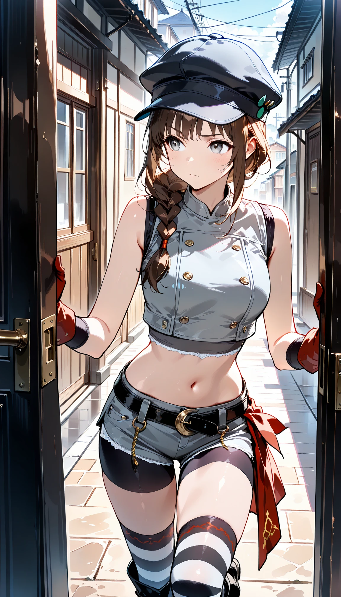 (masterpiece, best quality, high resolution, unity 8k wallpaper, extremely detailed CG:1), (illustration:1.0), cowboy shot, momokoms, 1girl, solo, headband, choker, black tube top, midriff, navel, bare shoulders, belt, barefoot,pants, <lora:MomokoMS:1>