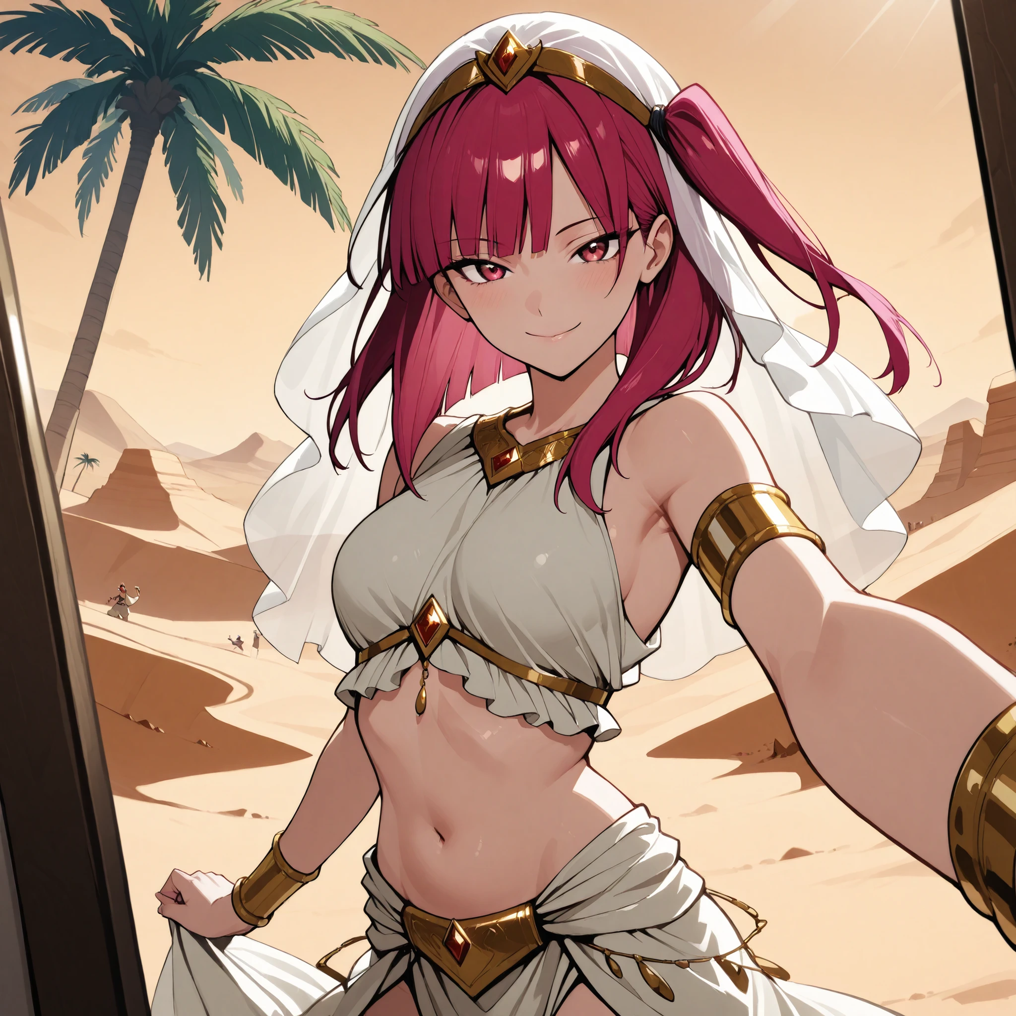 (1girl:1 . 5) , (Seul:1 . 5) , score_9 , score_8_haut , score_7_haut , source_anime , Official work , ultra-detailed , masterpiece , best quality selfie snapshot , high res , beaux yeux , detailed eyes , detailed face , beautiful detailed eyes ,Magi The Labyrinth Of Magic,Morgiana,Arabian Clothes , Arabian Dancer ,belly dancer costume , golden jewelery,armlet, belly dancing,desert lands,palm tree, seductive smile, dancing with veil, dynamic movement, seductive pose,sexy pose