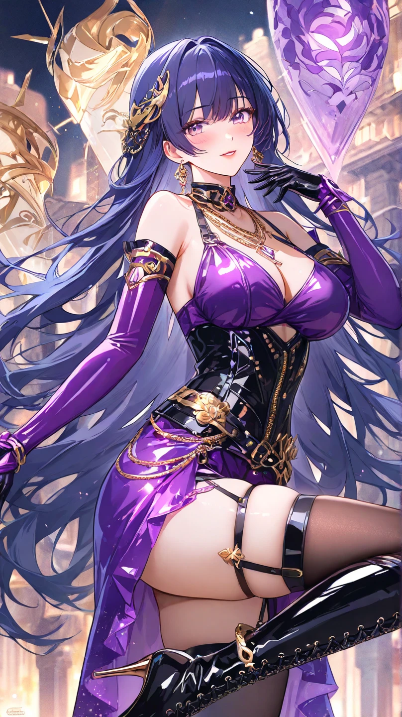((Finest quality)),(超A high resolution),(ultra-detailliert),((Best Anime)),sharpnes,Clair,Art with astounding depictions,Glamorous atmosphere:1.4, (Dark purple leather BDSM with gorgeous embroidery in gold,Limbs are 2 pairs,skirt by the,A Japanese Lady,)),