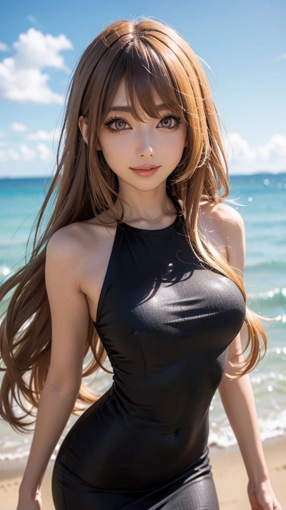 Sexy Big 、Sexy cute looks and cute 15 year old beautiful girl, beautiful and sexy face、A strong wind blows my hair in front of my face、length, Metallic blonde straight hair、beautiful, Cute and sexy eyes hidden behind long bangs、Colorful micro bikinis、Glossy thighs、whole body、Cute pose、Sit down