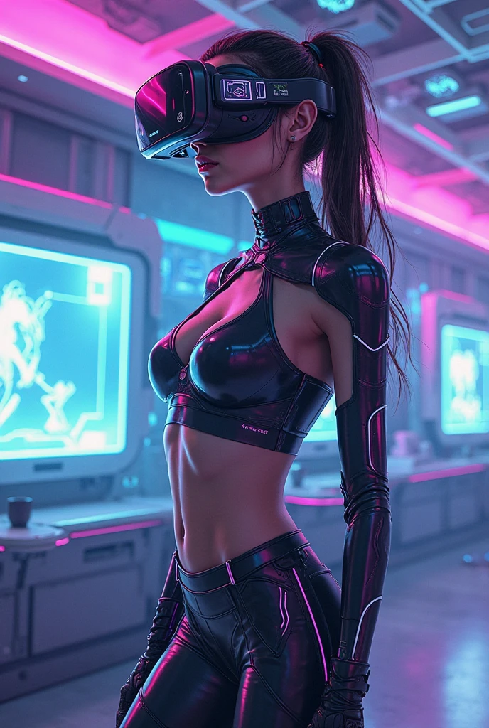 beautiful cyberpunk girl wearing a A futurist head mounted display, (delicate skin), pale skin, (in a deep neckline highly detailed sexy A futurist cyberpunk black crop top and underpants made of circuit boards, cyber, Japanese words with reflection effect, Beautiful epic work, A futurist, Masterpiece artwork, , appealing, Posing for Photos