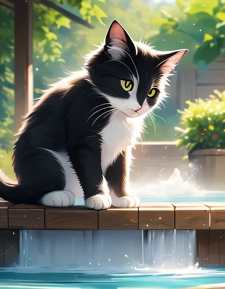 live-action、Picture、 Natural Hot Spring、A cat soaking in a hot spring、Black Cat、White cat、kitten