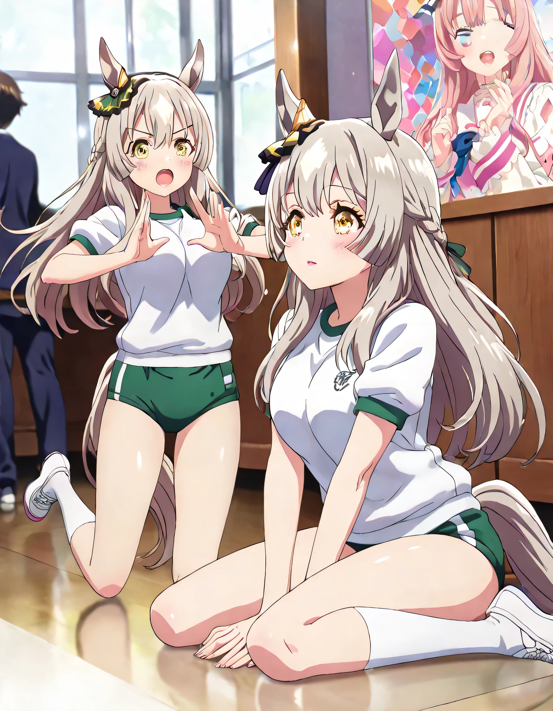 ((ultra-detailed)), (highly detailed CG illustration), (best quality:1.2), ultra-highly detailed, colorful composition, artistic photoshoot, 1girl, solo focus, upper body:1.3, moe anime character,round face, rounded chin:1.2, short stature, styoung, horse girl, yellow eyes, ear ornament, casual, white gym uniform with light green rim:1.3, light green school gym buruma, full body view, intricate design, graceful posture, poised expression, delicate curls, soft shading, harmonious color palette, ethereal ambiance, sitting, pink lips, gentle smile:1.2, blush:1.2, from side, dynamic pose, contrapposto pose,kawaii background, best quality, masterpiece, portrait, depth of field, soft lighting, sidelighting, shine, lighting, caustics, ray tracing, perfect face, lustrous skin, highly detailed face, highly detailed eyes, perfect face, perfect nose, perfect hair, perfect eyes, perfect anatomy, beautiful hair, beautiful small face, extremely detailed face, beautiful detailed eyes, beautiful clavicle, beautiful body, beautiful ample breasts, leavage, breasts squeezed together, equalize the size of the left and right breasts, beautiful thin thighs, beautiful legs, beautiful fingers, 4 fingers, 1 thumb, lovely, (very detailed background:1.0), (highly detailed background:1.0), kawaii aesthetic, intricate details, girly atmosphere, pastel colors palette, chromatic aberration