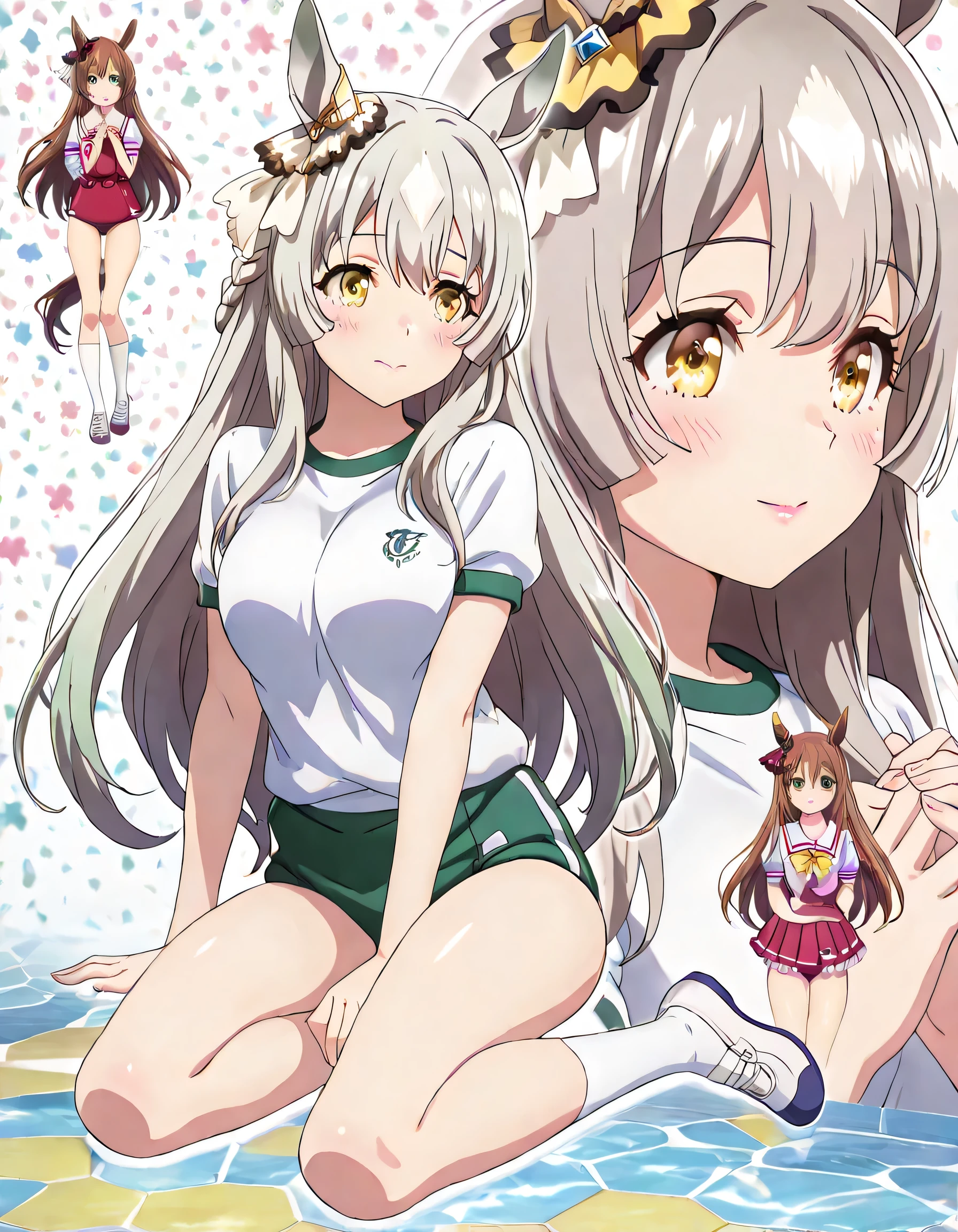 ((ultra-detailed)), (highly detailed CG illustration), (best quality:1.2), ultra-highly detailed, colorful composition, artistic photoshoot, 1girl, solo focus, upper body:1.3, moe anime character,round face, rounded chin:1.2, short stature, styoung, horse girl, yellow eyes, ear ornament, casual, white gym uniform with light green rim:1.3, light green school gym buruma, ample breasts, full body view, intricate design, graceful posture, poised expression, delicate curls, soft shading, harmonious color palette, ethereal ambiance, sitting, pink lips, gentle smile:1.2, blush:1.2, from side, dynamic pose, contrapposto pose,kawaii background, best quality, masterpiece, portrait, depth of field, soft lighting, sidelighting, shine, lighting, caustics, ray tracing, perfect face, lustrous skin, highly detailed face, highly detailed eyes, perfect face, perfect nose, perfect hair, perfect eyes, perfect anatomy, beautiful hair, beautiful small face, extremely detailed face, beautiful detailed eyes, beautiful clavicle, beautiful body, beautiful ample breasts, leavage, breasts squeezed together, equalize the size of the left and right breasts, beautiful thin thighs, beautiful legs, beautiful fingers, 4 fingers, 1 thumb, lovely, (very detailed background:1.0), (highly detailed background:1.0), kawaii aesthetic, intricate details, girly atmosphere, pastel colors palette, chromatic aberration