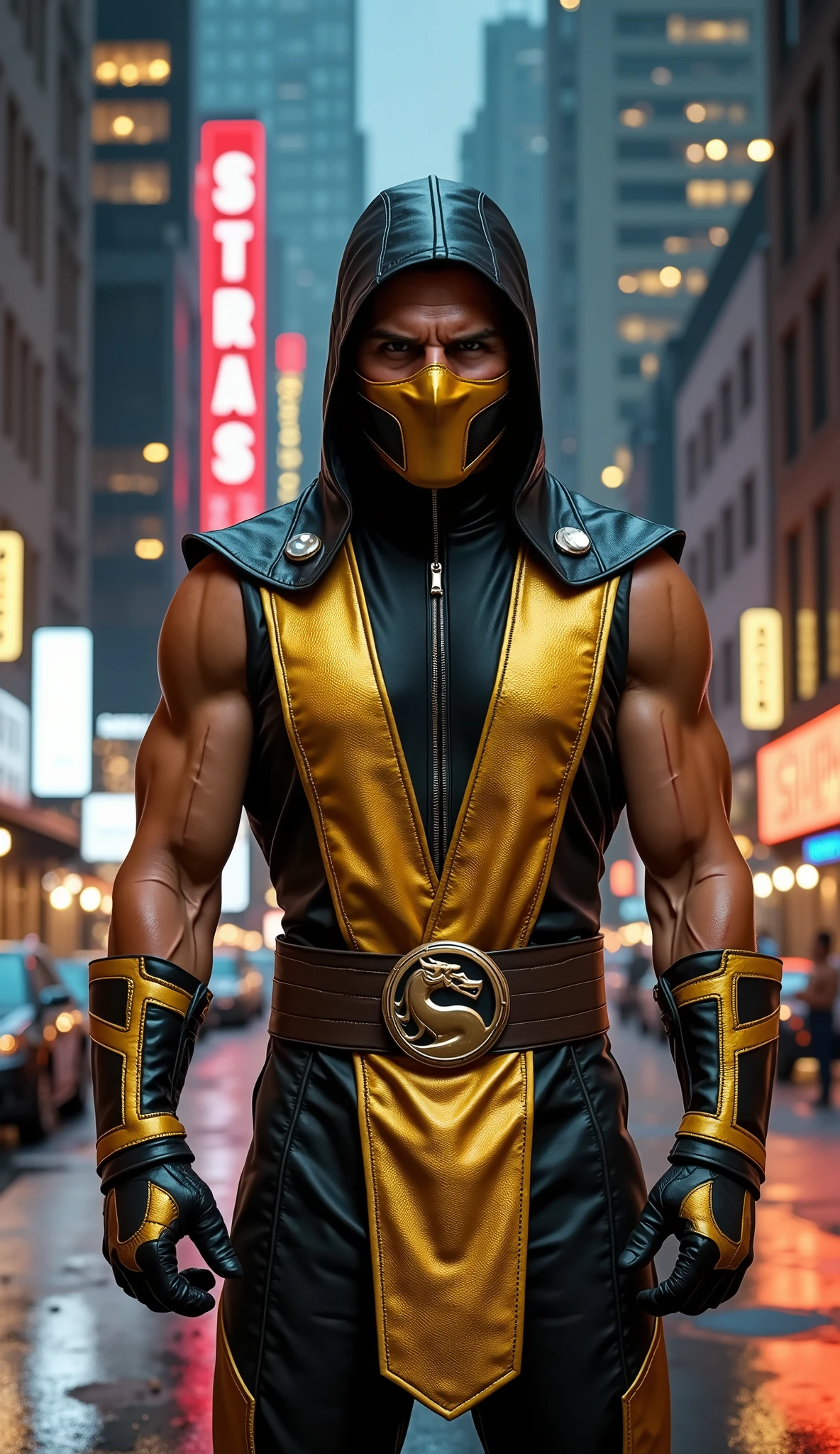 Tom Cruise as Scorpion from Mortal Kombat with his golden mask and golden suit cinematic in 8k Background: wet street at night with neon reflections, a tree and two people parked cars, illuminated mirrored buildings, particles in the air, cinematic style, ultra-realista, dramatic lighting, 8K.
