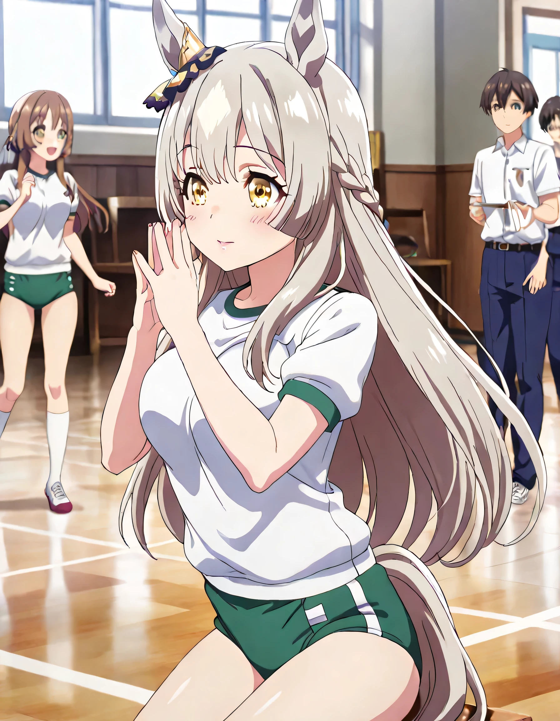 ((ultra-detailed)), (highly detailed CG illustration), (best quality:1.2), ultra-highly detailed, colorful composition, artistic photoshoot, 1girl, solo focus, cowboy shot:1.3, moe anime character,round face, rounded chin:1.2, short stature, styoung, horse girl, yellow eyes, ear ornament, casual, white gym uniform with light green rim:1.3, light green school gym buruma, ample breasts, full body view, intricate design, graceful posture, poised expression, delicate curls, soft shading, harmonious color palette, ethereal ambiance, sitting, pink lips, gentle smile:1.2, blush:1.2, from side, dynamic pose, contrapposto pose,kawaii background, best quality, masterpiece, portrait, depth of field, soft lighting, sidelighting, shine, lighting, caustics, ray tracing, perfect face, lustrous skin, highly detailed face, highly detailed eyes, perfect face, perfect nose, perfect hair, perfect eyes, perfect anatomy, beautiful hair, beautiful small face, extremely detailed face, beautiful detailed eyes, beautiful clavicle, beautiful body, beautiful ample breasts, leavage, breasts squeezed together, equalize the size of the left and right breasts, beautiful thin thighs, beautiful legs, beautiful fingers, 4 fingers, 1 thumb, lovely, (very detailed background:1.0), (highly detailed background:1.0), kawaii aesthetic, intricate details, girly atmosphere, pastel colors palette, chromatic aberration