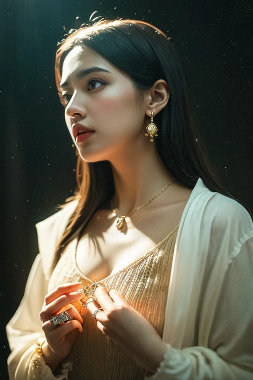 Best Quality, Masterpiece, High Resolution, 1 Girl, Porcelain Dress, Hair Accessories, Necklace, Jewelry, Beautiful Face, Physical, Tyndall Effect, Realistic, Dark Studio, Rim Lighting, Duotone Lighting, (High Detail skin: 1.2), 8k uhd, DSLR, soft light, high quality, volumetric light, sneak shot,