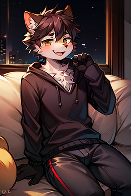 cat ear,blue color eyes,Gray hair,Gray-white hairy long legs。Short-haired men,leisure wear,Abs