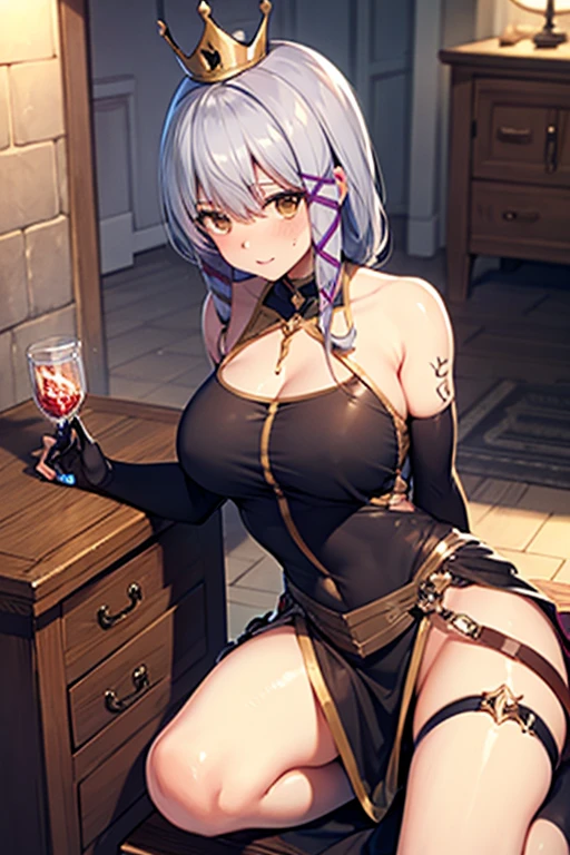 Sitting on throne, dominant female, adul female, (((big boobs))), (((big ass))), (looking down into camera, photo from slightly below), crossed legs, topless, ((masterpiece)),(detailed skin),((slight smile)), slightly visible abdomine
