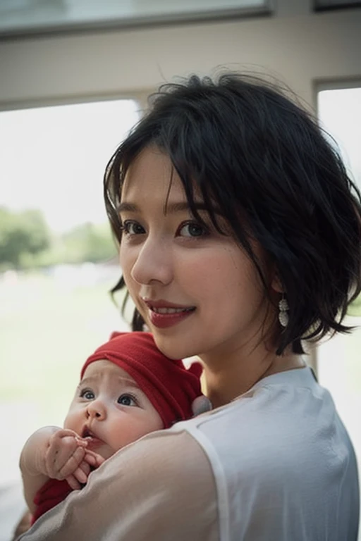 (In 8K, highest quality, masterpiece:1.2), (realistic, Photoreal:1.37), Super detailed, Natural light, very small breasts, 35 year old female, black hair, japanese woman, Light knit V-neck shirt, highly detailed face and skin, detailed eye, highly detailed face and skin, breastfeeding, baby, Rear view, beautiful art, Beautiful depiction, accurate body structure, babyを抱いている, babyは後頭部が写っている