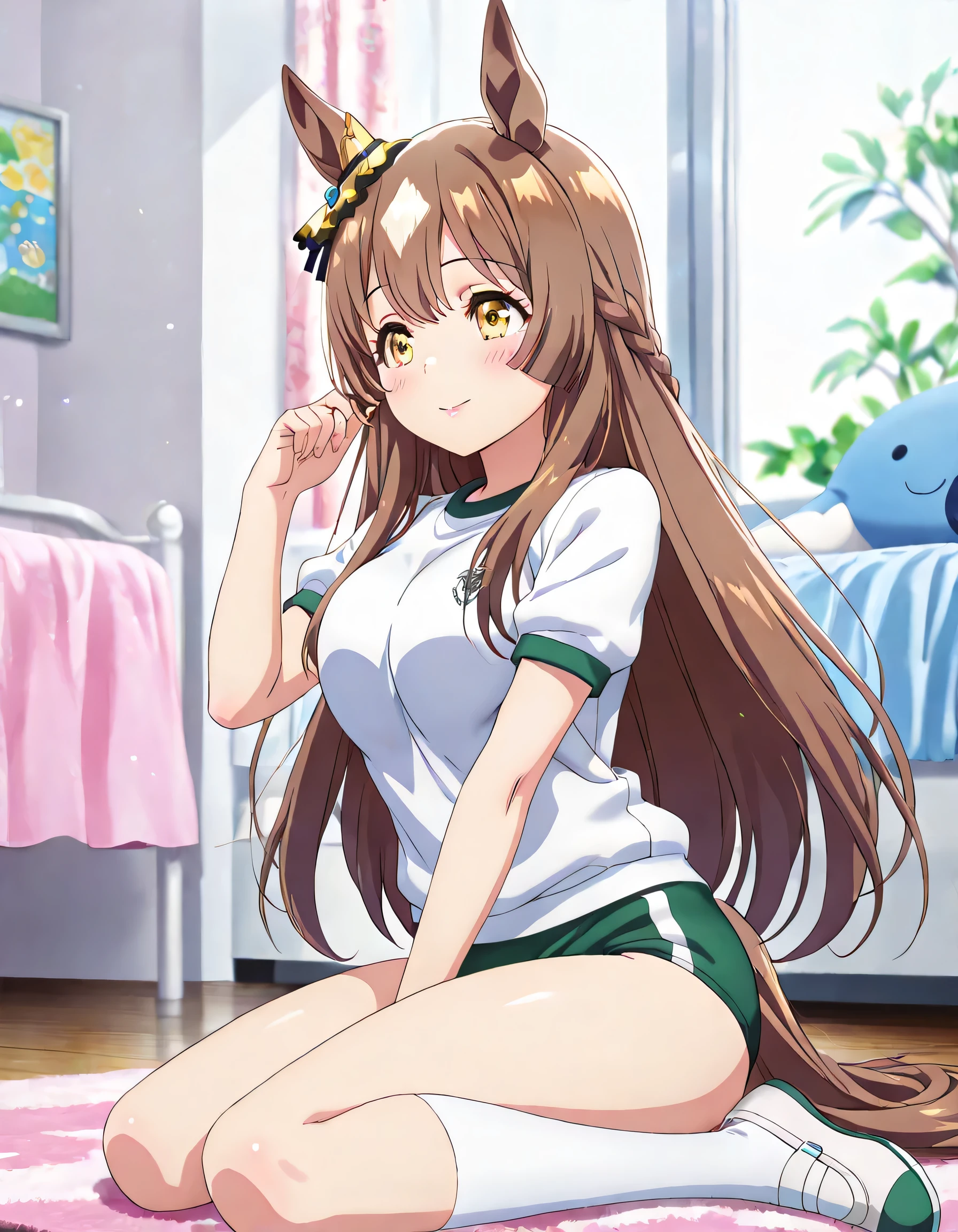 ((ultra-detailed)), (highly detailed CG illustration), (best quality:1.2), ultra-highly detailed, colorful composition, artistic photoshoot, 1girl, solo focus, upper body:1.3, moe anime character,round face, rounded chin:1.2, short stature, styoung, horse girl, yellow eyes, ear ornament, brown hair:1.3, casual, white gym uniform with light green rim:1.3, light green school gym buruma, ample breasts, full body view, intricate design, graceful posture, poised expression, delicate curls, soft shading, harmonious color palette, ethereal ambiance, sitting, pink lips, gentle smile:1.2, blush:1.2, from side, dynamic pose, contrapposto pose,kawaii background, best quality, masterpiece, portrait, depth of field, soft lighting, sidelighting, shine, lighting, caustics, ray tracing, perfect face, lustrous skin, highly detailed face, highly detailed eyes, perfect face, perfect nose, perfect hair, perfect eyes, perfect anatomy, beautiful hair, beautiful small face, extremely detailed face, beautiful detailed eyes, beautiful clavicle, beautiful body, beautiful ample breasts, leavage, breasts squeezed together, equalize the size of the left and right breasts, beautiful thin thighs, beautiful legs, beautiful fingers, 4 fingers, 1 thumb, lovely, (very detailed background:1.0), (highly detailed background:1.0), kawaii aesthetic, intricate details, girly atmosphere, pastel colors palette, chromatic aberration