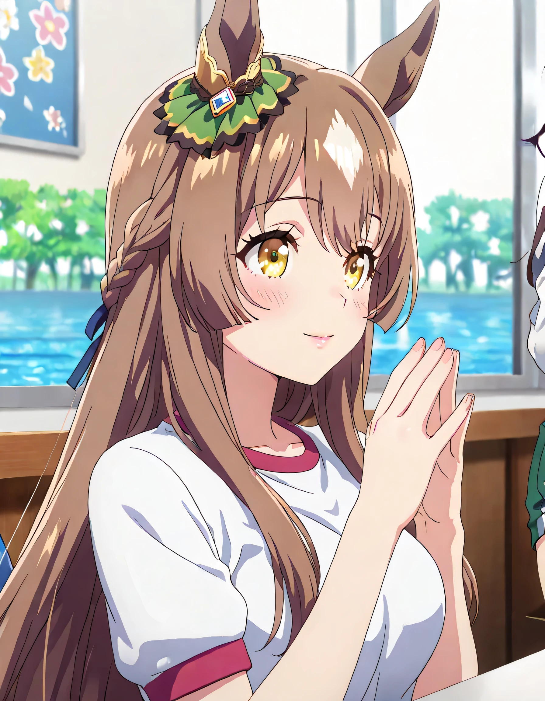 ((ultra-detailed)), (highly detailed CG illustration), (best quality:1.2), ultra-highly detailed, colorful composition, artistic photoshoot, 1girl, solo focus, upper body:1.3, moe anime character,round face, rounded chin:1.2, short stature, styoung, horse girl, yellow eyes, ear ornament, brown hair:1.3, casual, white gym uniform with light green rim:1.3, light green school gym buruma, ample breasts, full body view, intricate design, graceful posture, poised expression, delicate curls, soft shading, harmonious color palette, ethereal ambiance, sitting, pink lips, gentle smile:1.2, blush:1.2, from side, dynamic pose, contrapposto pose,kawaii background, best quality, masterpiece, portrait, depth of field, soft lighting, sidelighting, shine, lighting, caustics, ray tracing, perfect face, lustrous skin, highly detailed face, highly detailed eyes, perfect face, perfect nose, perfect hair, perfect eyes, perfect anatomy, beautiful hair, beautiful small face, extremely detailed face, beautiful detailed eyes, beautiful clavicle, beautiful body, beautiful ample breasts, leavage, breasts squeezed together, equalize the size of the left and right breasts, beautiful thin thighs, beautiful legs, beautiful fingers, 4 fingers, 1 thumb, lovely, (very detailed background:1.0), (highly detailed background:1.0), kawaii aesthetic, intricate details, girly atmosphere, pastel colors palette, chromatic aberration