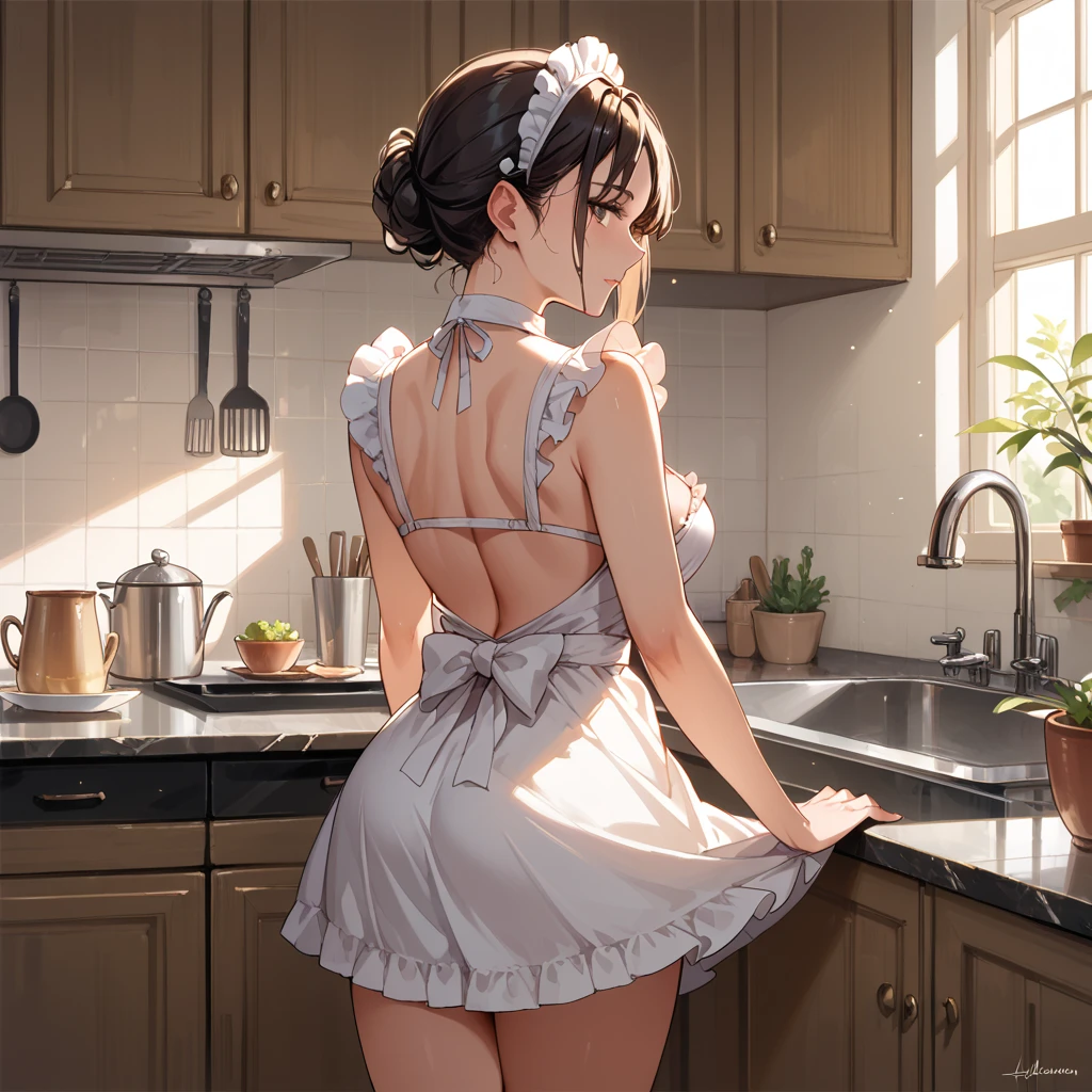 1girl, 18yo, idol, shiny skin, 1girl, (wearing nothing:1.1), (wearing simple apron over body:1.2), (bare back, bare hips, bare ass, bare legs), standing in the kitchen, nsfw