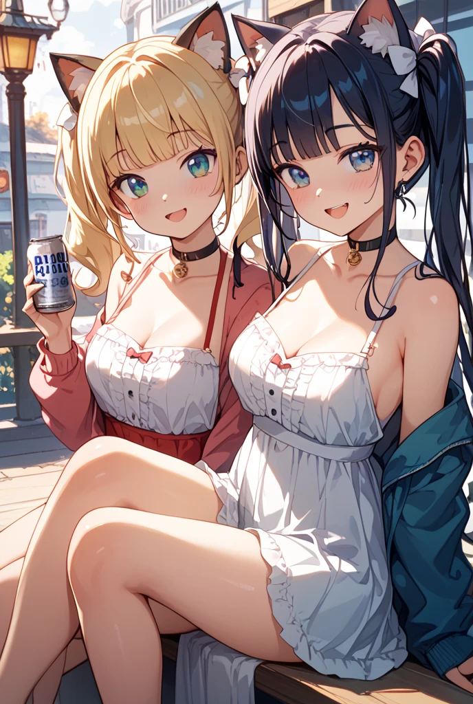 short skirt knee-high sock,soff-shoulder sweater choker large breasts, messy hair,