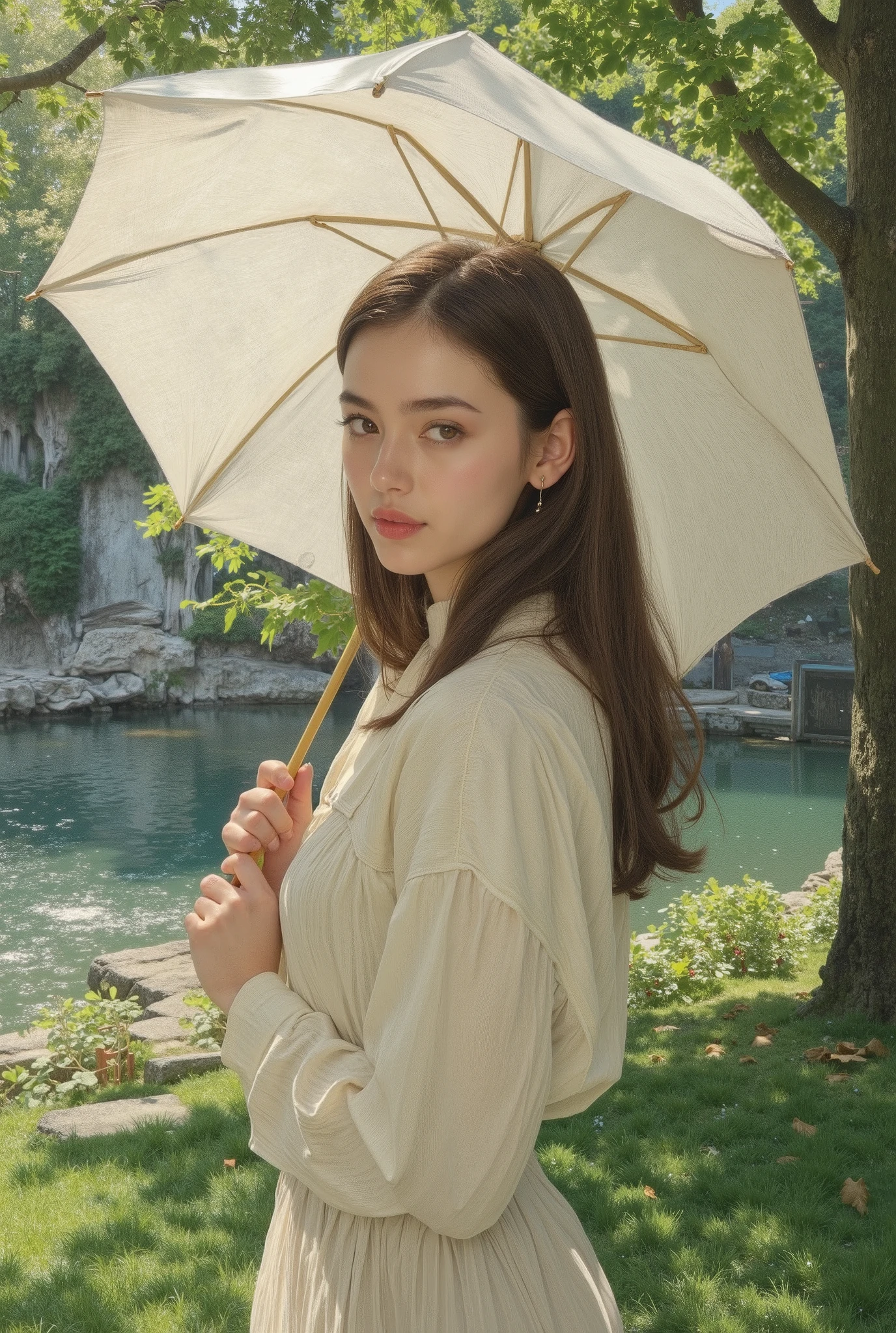 (best quality, 4k, highres, masterpiece:1.2) , ultra-detailed, (realistic, photorealistic:1.37), A photorealistic portrait of an elegant young woman standing, She is having a Sun Umbrella for Women, Claude Monet Scenery Excellent Quality、4K resolution、super definition、Realistic、PROFESSIONAL、Dynamic Range HDR、vibrant colors、bokeh、Impressionist style、oil、beautiful light、elegant atmosphere、Natural elements、In the sunshine、marine scenery、delicate texture、Elegant posture, 19rth century, she is taking a walk, hyper detailed moist skinn texture,