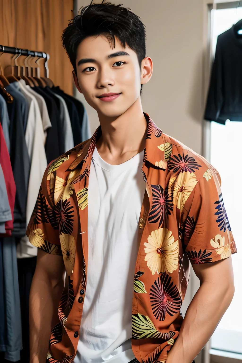 18-year-old male、Japanese、handsome guys、Macho、short hair、 apparel clerk、Hawaiian shirt、Smile Yan