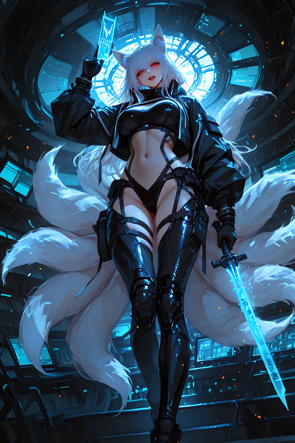 best quality, expressive eyes, perfect face, silver opal lightning storm, post apocalyptic city, holding magic globe, thicc huge busty wolf girl, wallpaper art, very detailed eyes, anime style, full body art