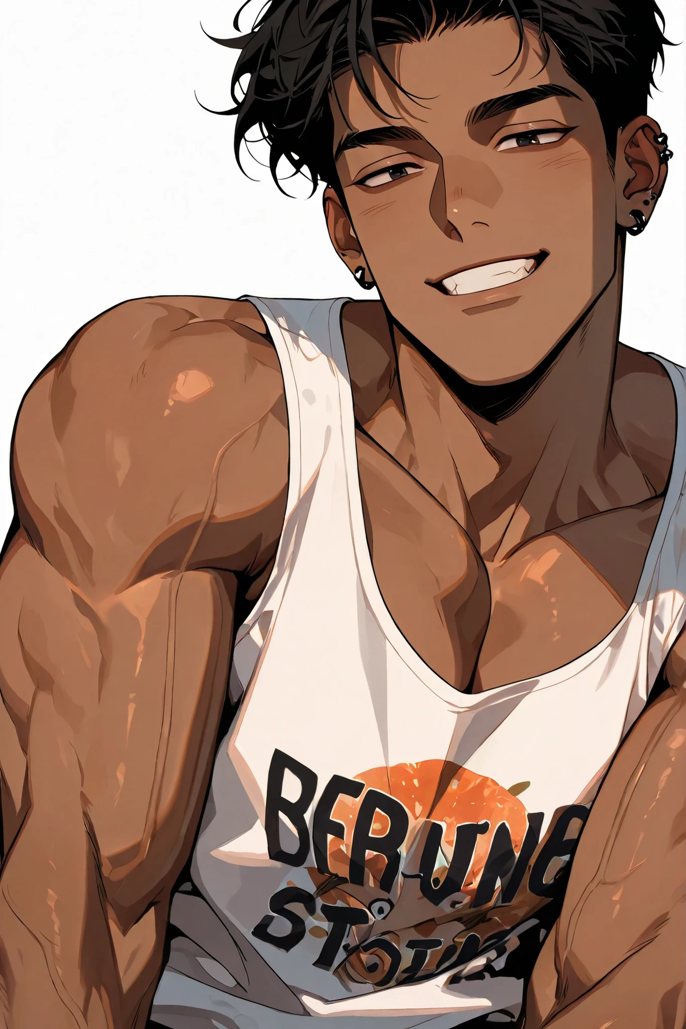 A handsome Korean adult male with dark hair and dark eyes has healthy tanned skin, a confident and proud impression, has a stupid smile, wears comfortable clothes in a sleeveless style with an expensive but awkward print, and is skinny., white background, piercing, close-up